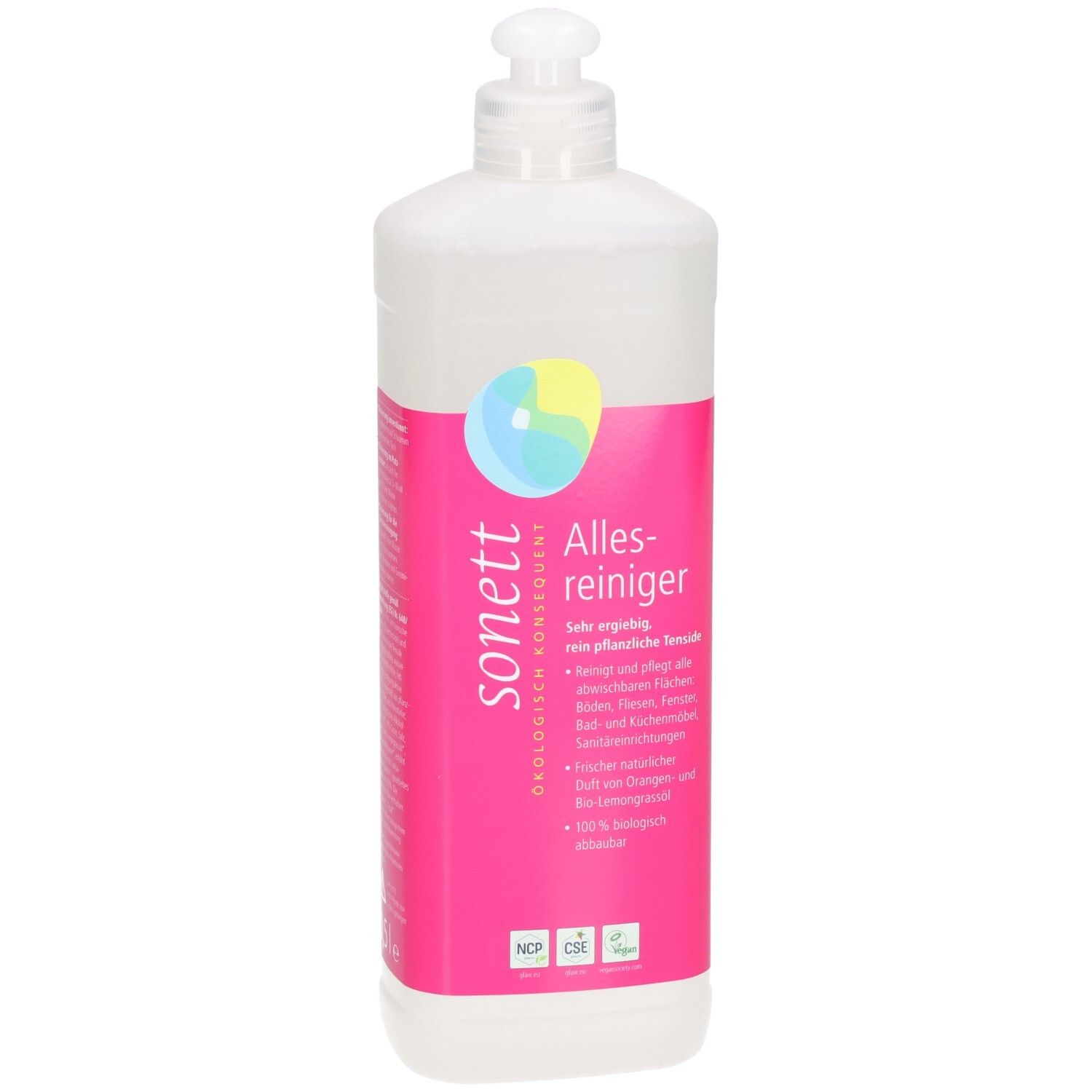 Bouteille transparente avec étiquette rose. Inscription: Allesreiniger, logo Sonett. Avec tête de dosage.