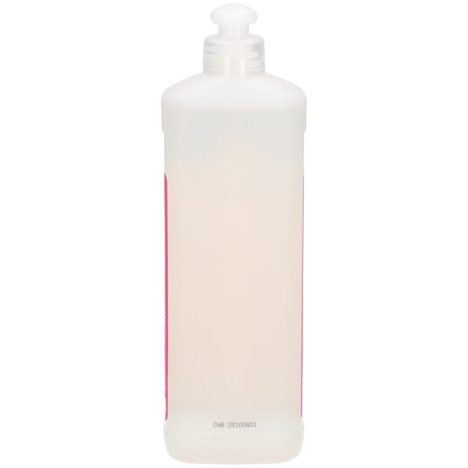 Bouteille transparente avec tête de dosage. Dos avec texte et numéro de lot.