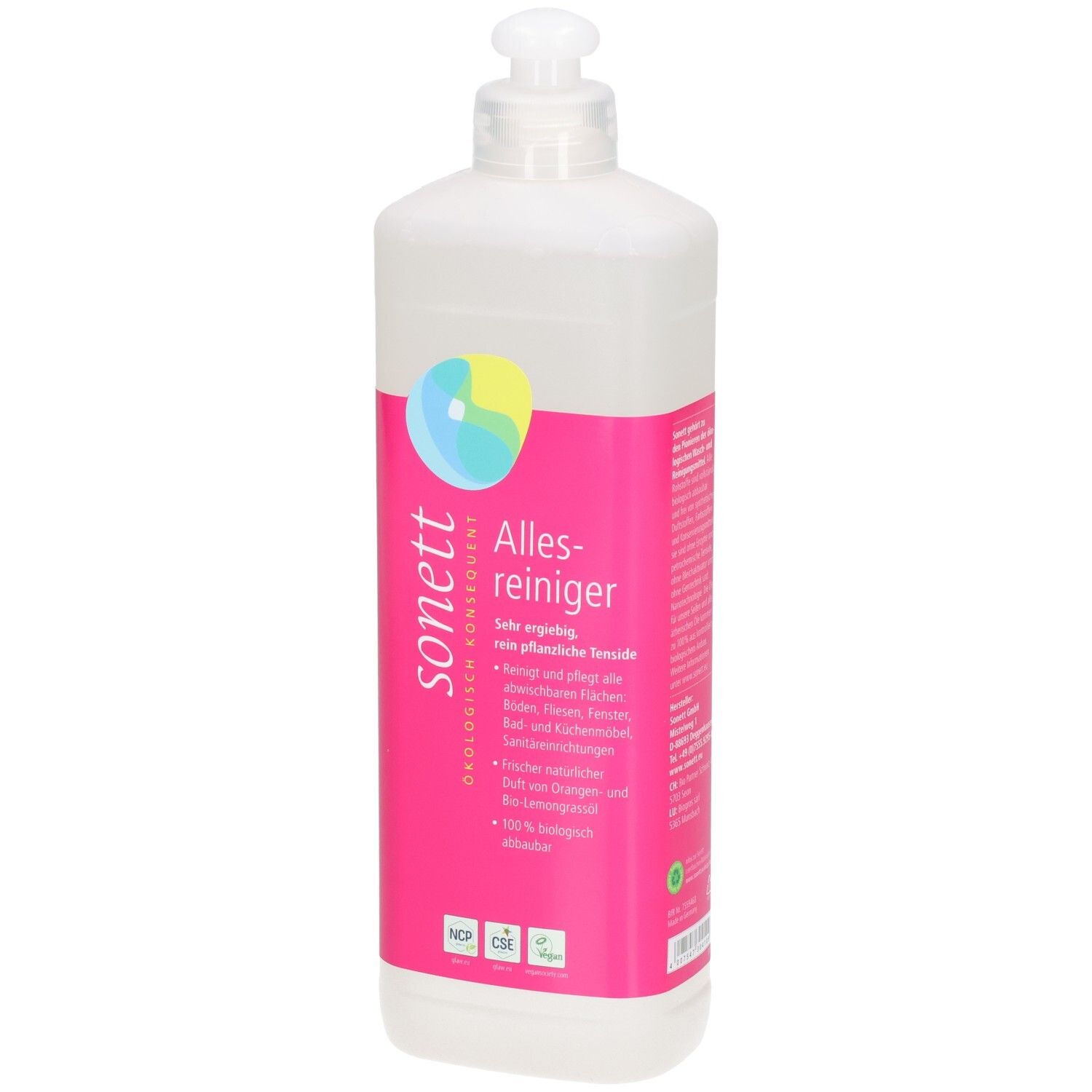 Bouteille transparente avec étiquette rose. Inscription: Allesreiniger, logo Sonett. Avec tête de dosage.