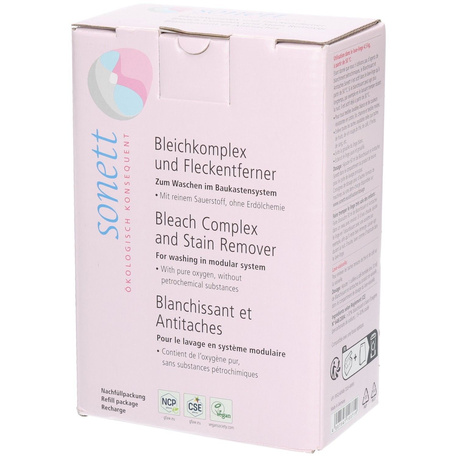 Rosa Karton mit Produktinformationen. "sonett"-Logo und Produktname "Bleichkomplex und Fleckenentferner" in mehreren Sprachen.