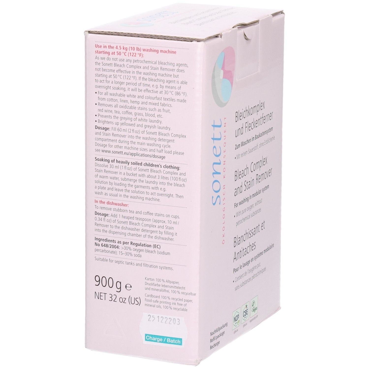 Karton mit Produktinformationen. "sonett"-Logo, Produktname, und Text über Anwendung und Inhaltsstoffe. 900g Gewicht.