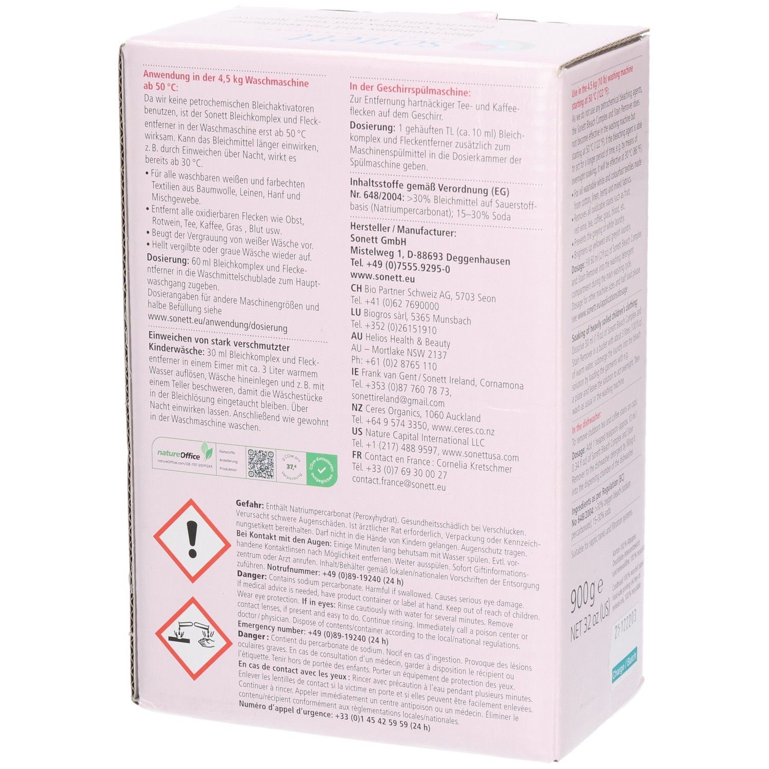 Karton mit Produktinformationen. Text über Anwendung, Inhaltsstoffe, und Warnhinweise. 900g Gewicht. Herstellerinformationen.