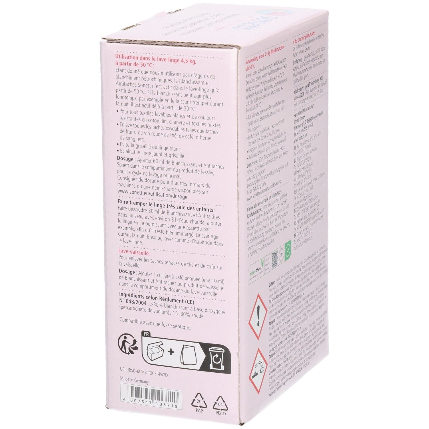 Karton mit Produktinformationen. Text über Anwendung, Inhaltsstoffe, und Warnhinweise. Herstellerinformationen und Piktogramme.