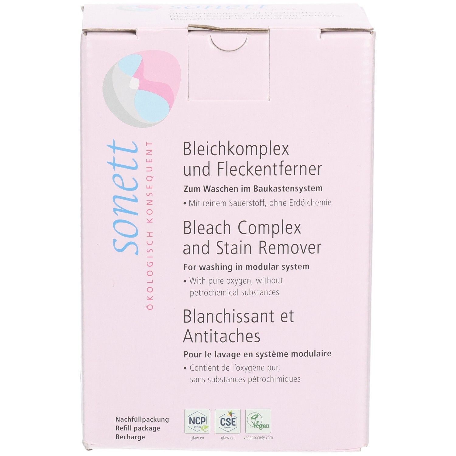 Rosa Karton mit Produktinformationen. "sonett"-Logo und Produktname "Bleichkomplex und Fleckenentferner" in mehreren Sprachen.