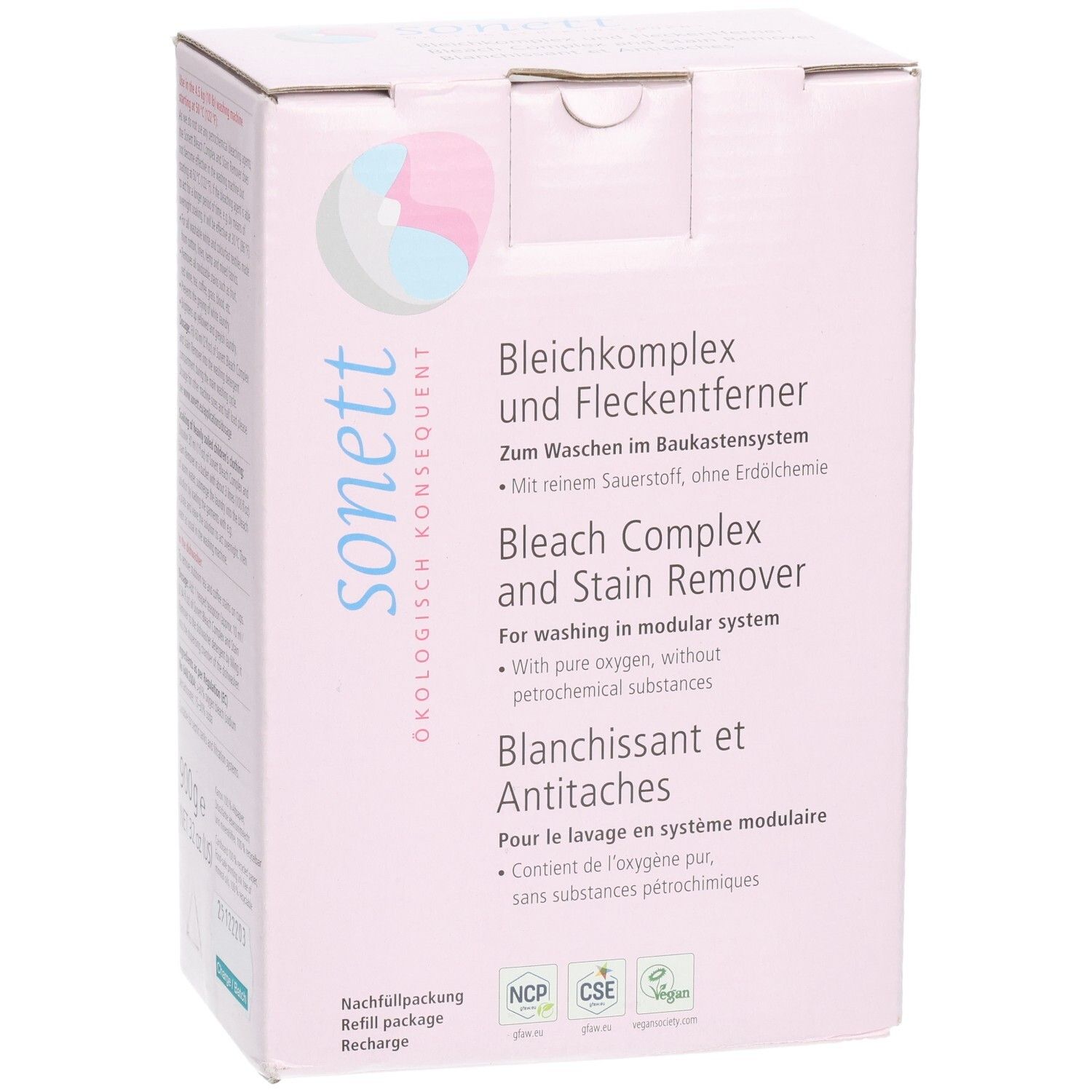 Rosa Karton mit Produktinformationen. "sonett"-Logo und Produktname "Bleichkomplex und Fleckenentferner" in mehreren Sprachen.