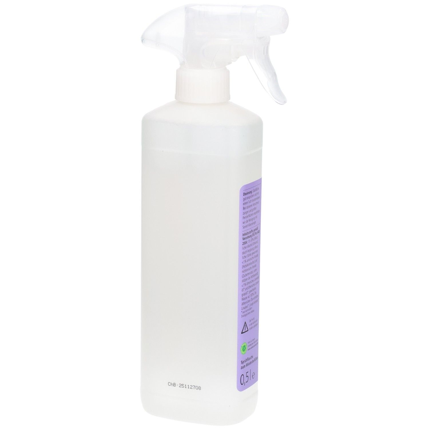 Flasche mit Sprühkopf. Rückseite mit Text. Volumen: 0,5 l. Farbcode: Grün. Chargennummer.