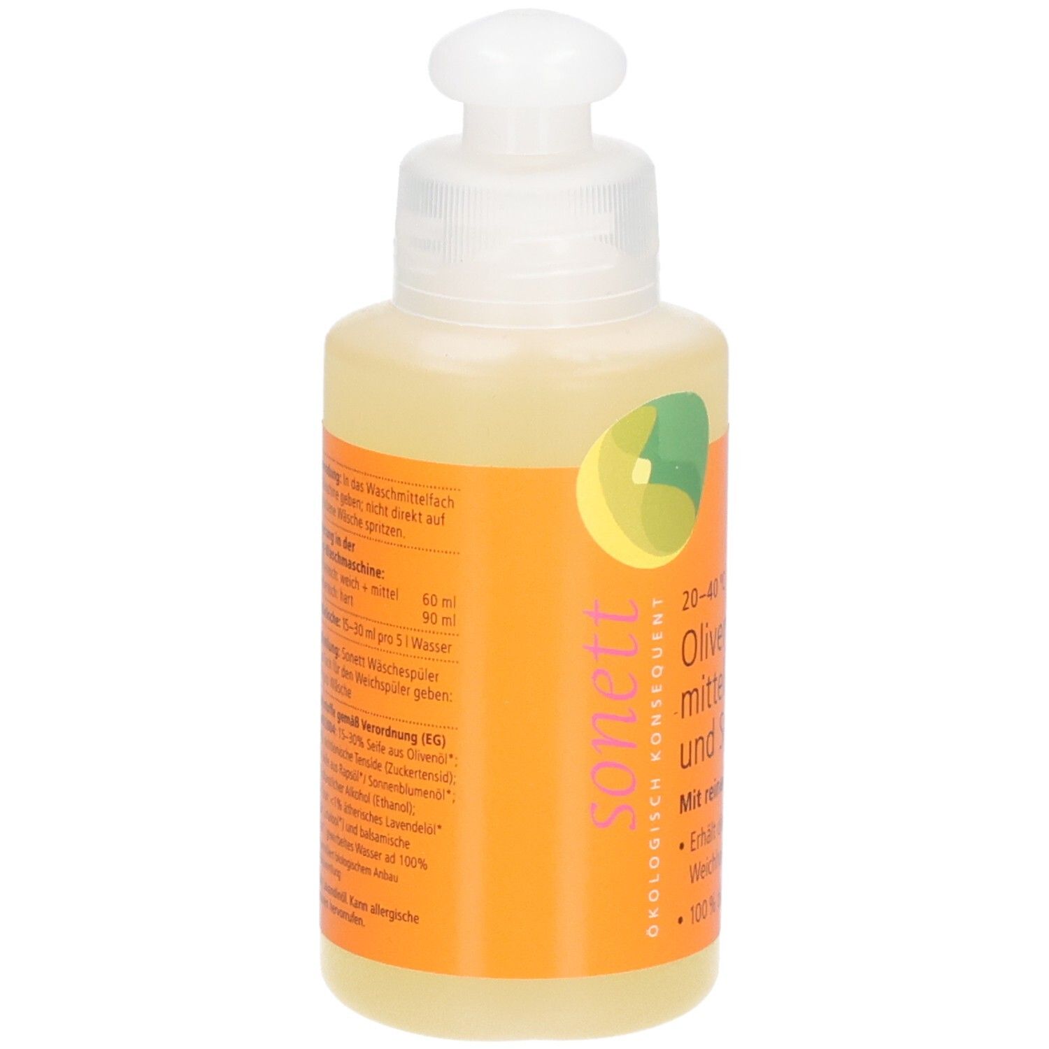 Flacon de lessive à l'olive. Dos avec instructions de dosage et ingrédients. Étiquette orange.