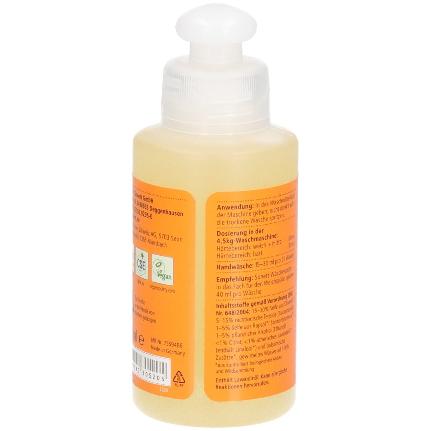 Flacon de lessive à l'olive. Dos avec informations fabricant et certifications. Étiquette orange.