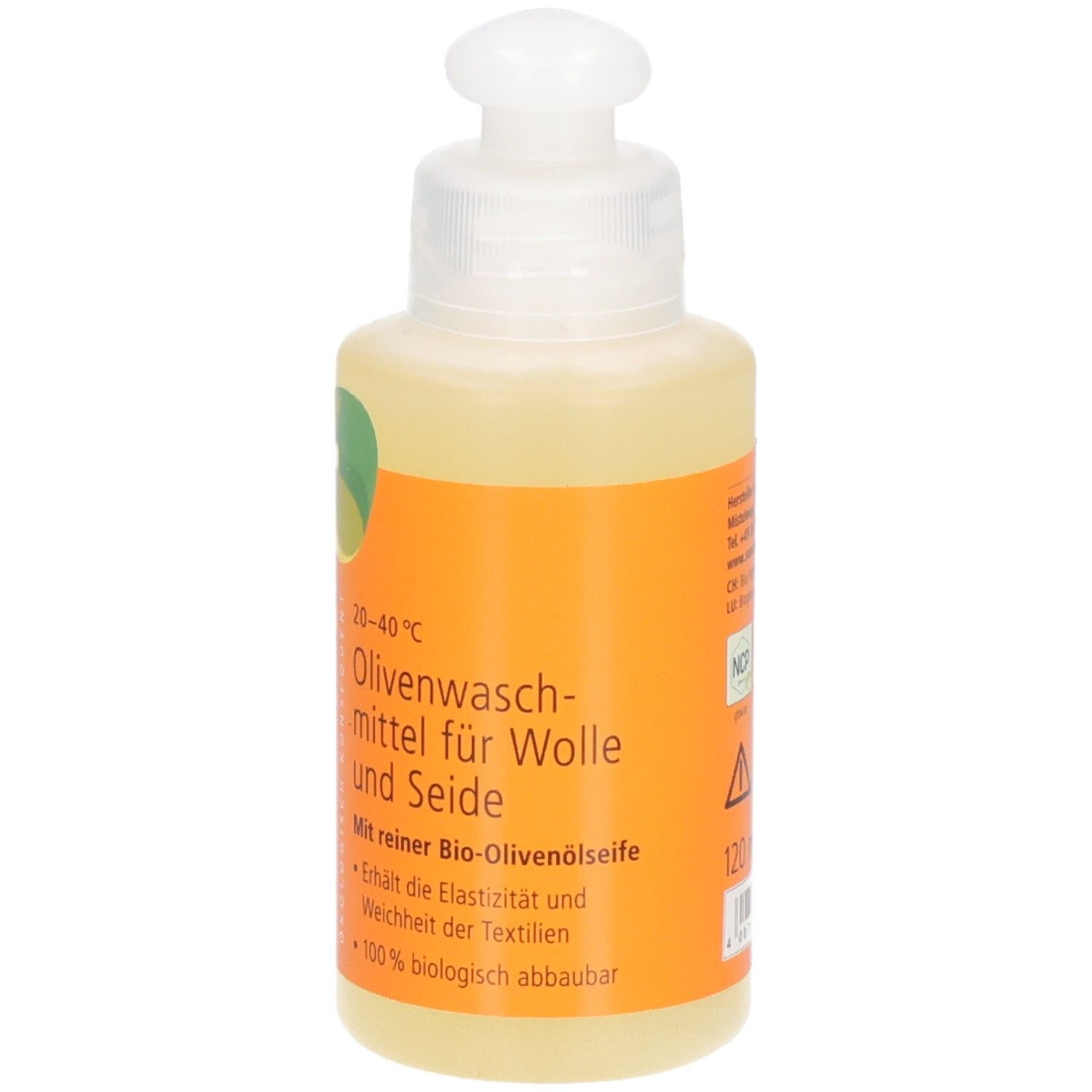 Flacon de lessive à l'olive pour laine et soie. Étiquette orange avec informations sur le produit.