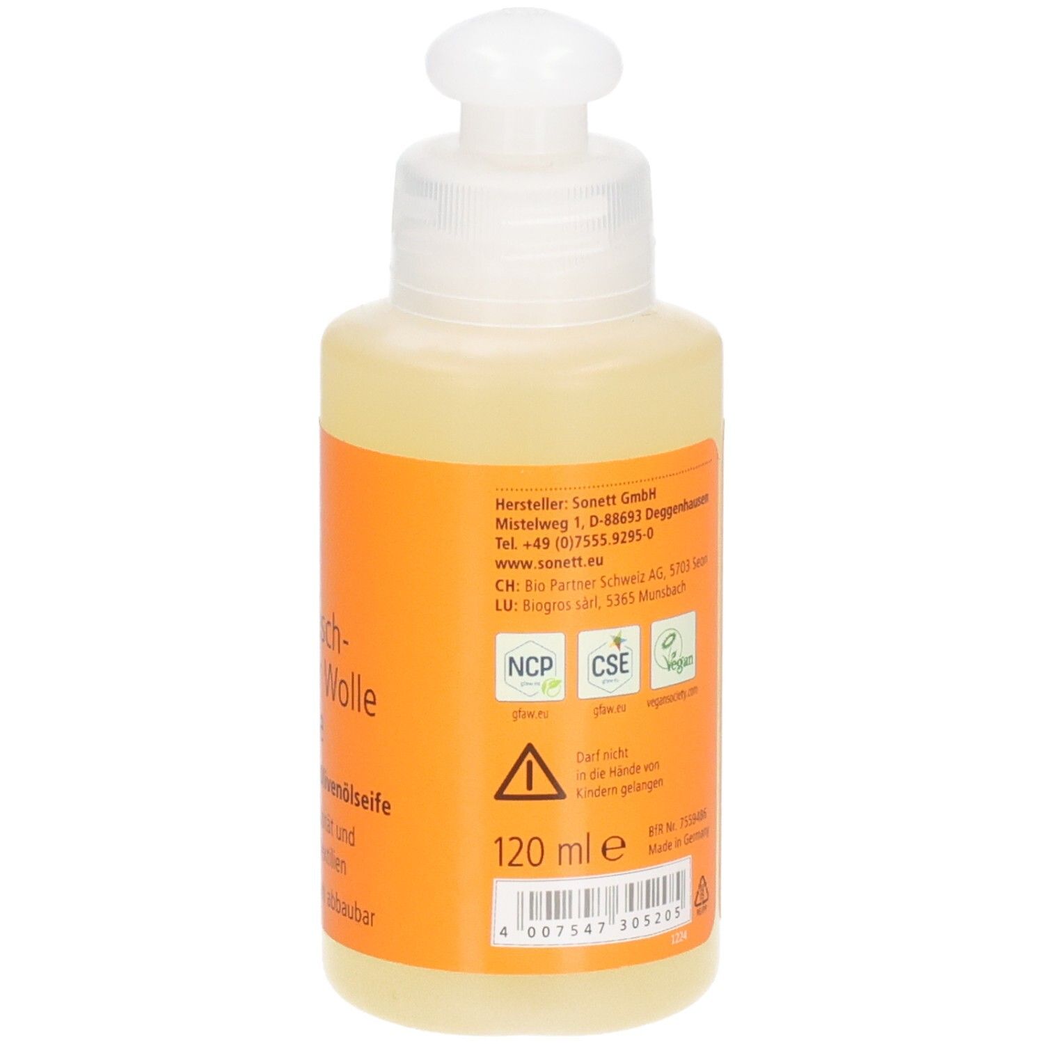 Flacon de lessive à l'olive. Dos avec informations fabricant et indication de volume : 120 ml.