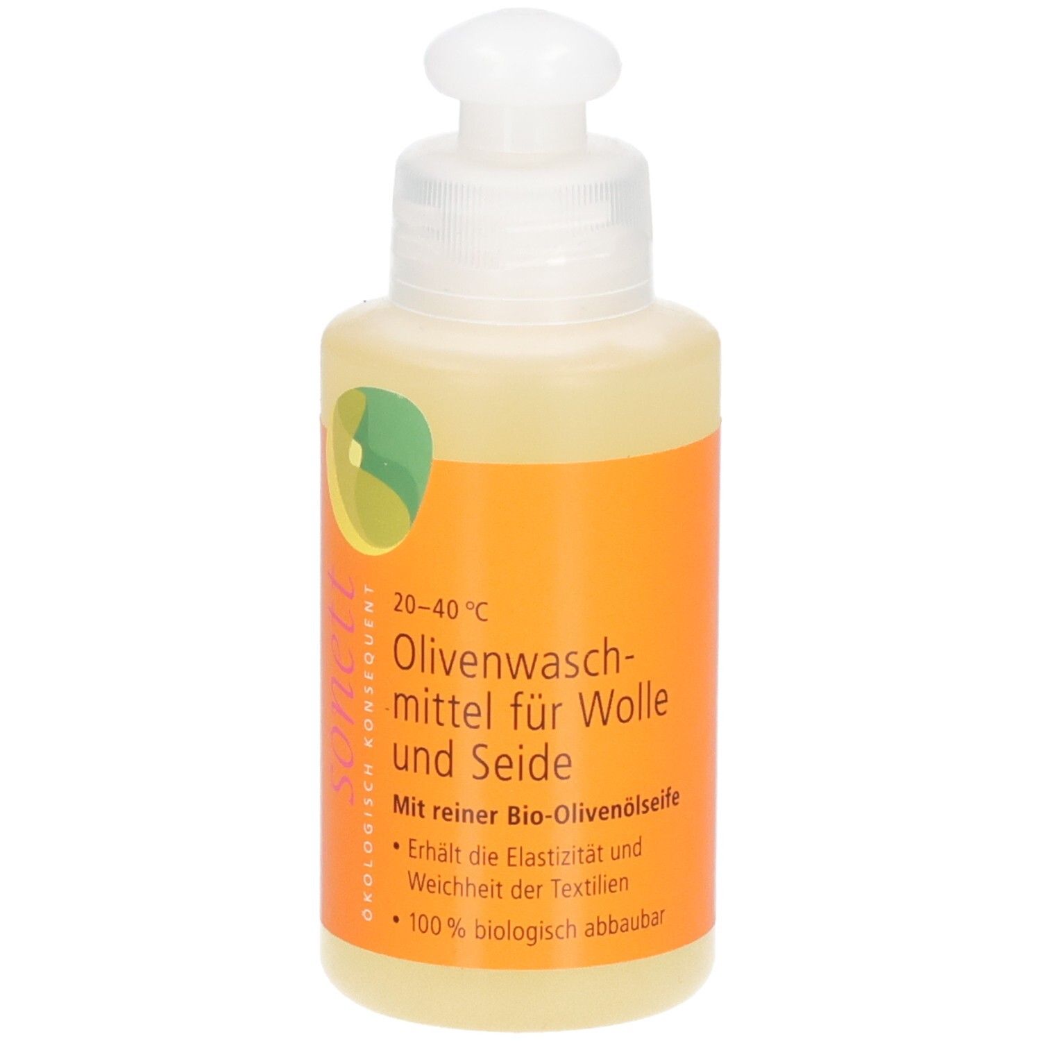 Flacon de lessive à l'olive pour laine et soie. Étiquette orange avec informations et logo du produit.