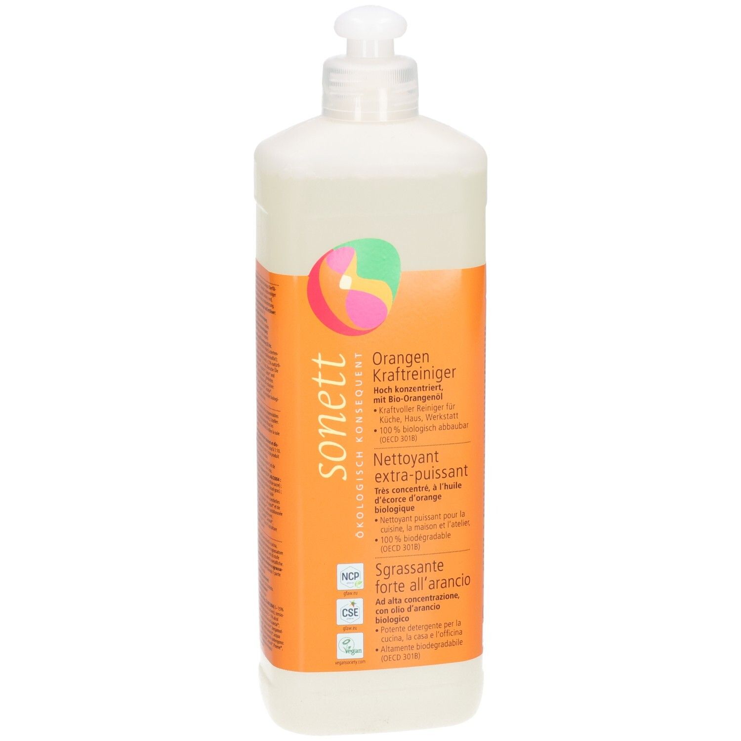 Flasche mit Orangen Kraft-Reiniger. Weißer Behälter mit orangefarbenem Etikett. Produktname und Logo deutlich sichtbar.