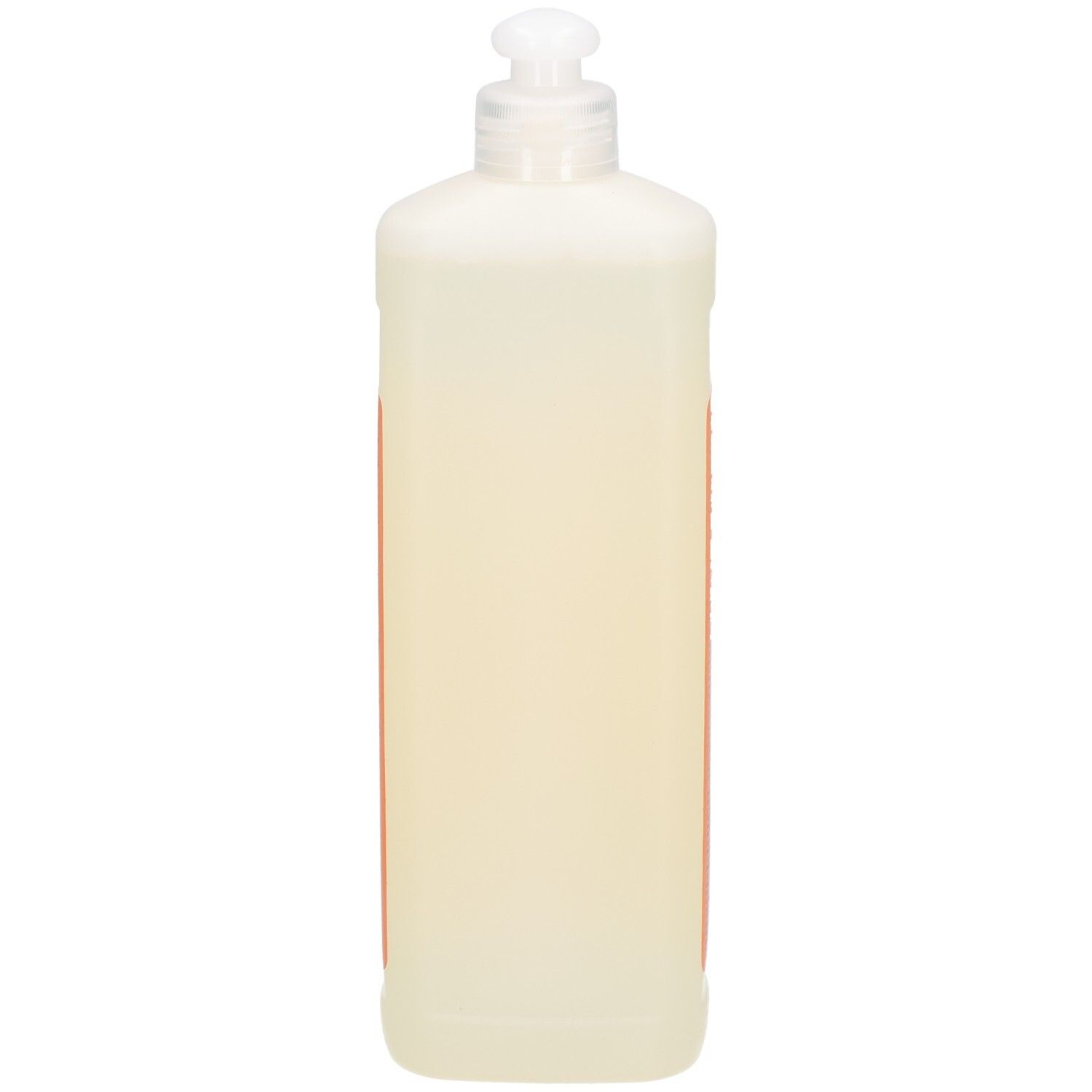 Rückansicht der Reinigerflasche. Orangefarbenes Etikett mit Text. Weißer Behälter mit Dosierkopf.