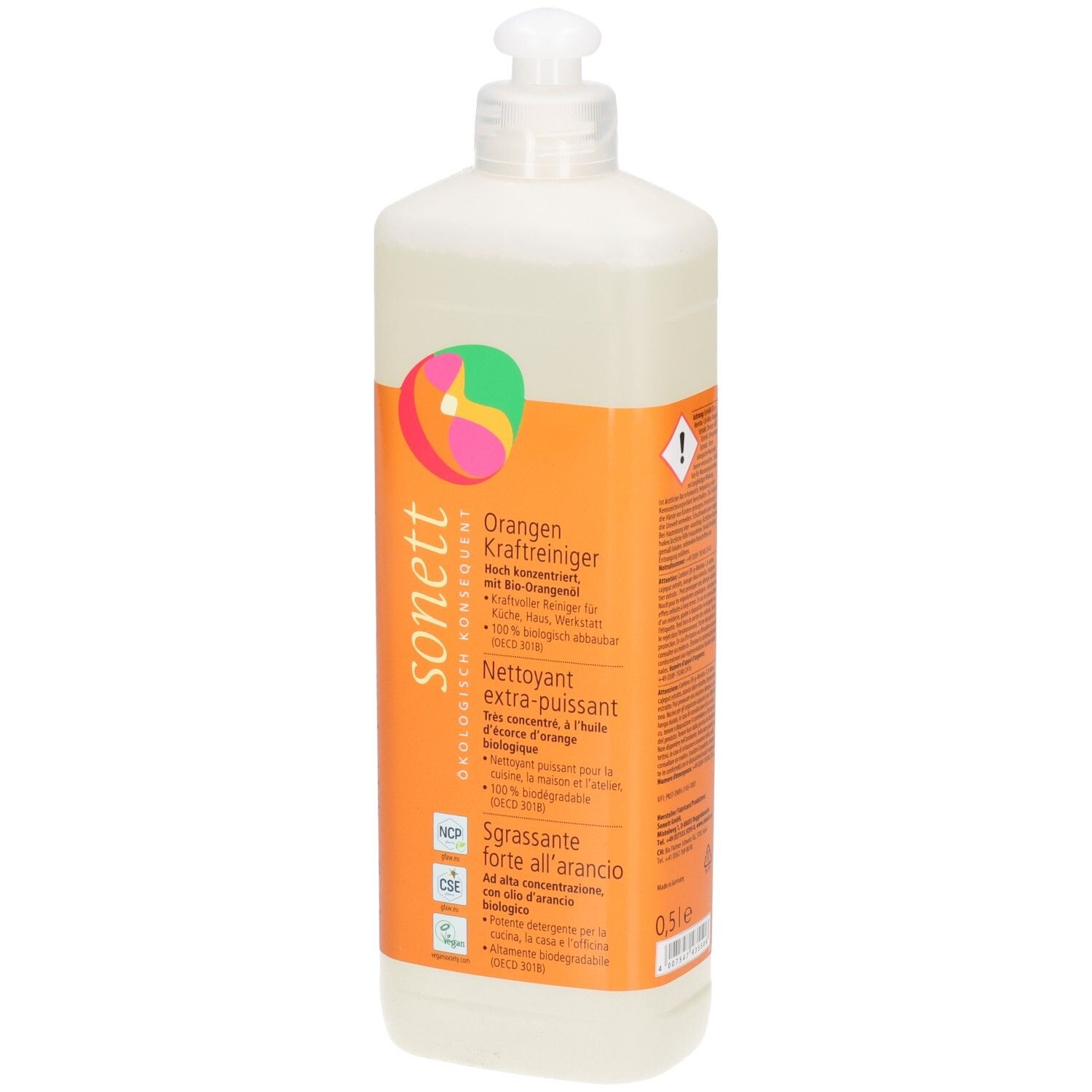 Flasche mit Orangen Kraft-Reiniger. Weißer Behälter mit orangefarbenem Etikett. Produktname und Logo deutlich sichtbar.