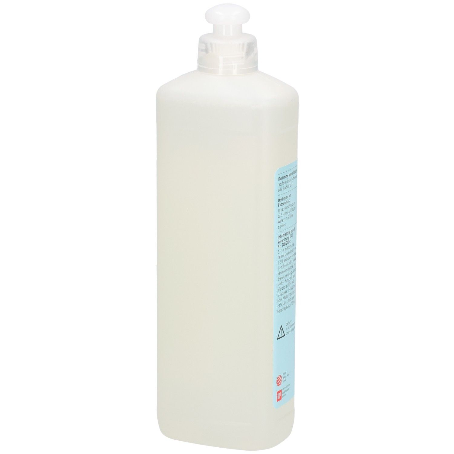 Flasche mit Reiniger. Seitenansicht. Mit Dosierkopf. 0,5 l.