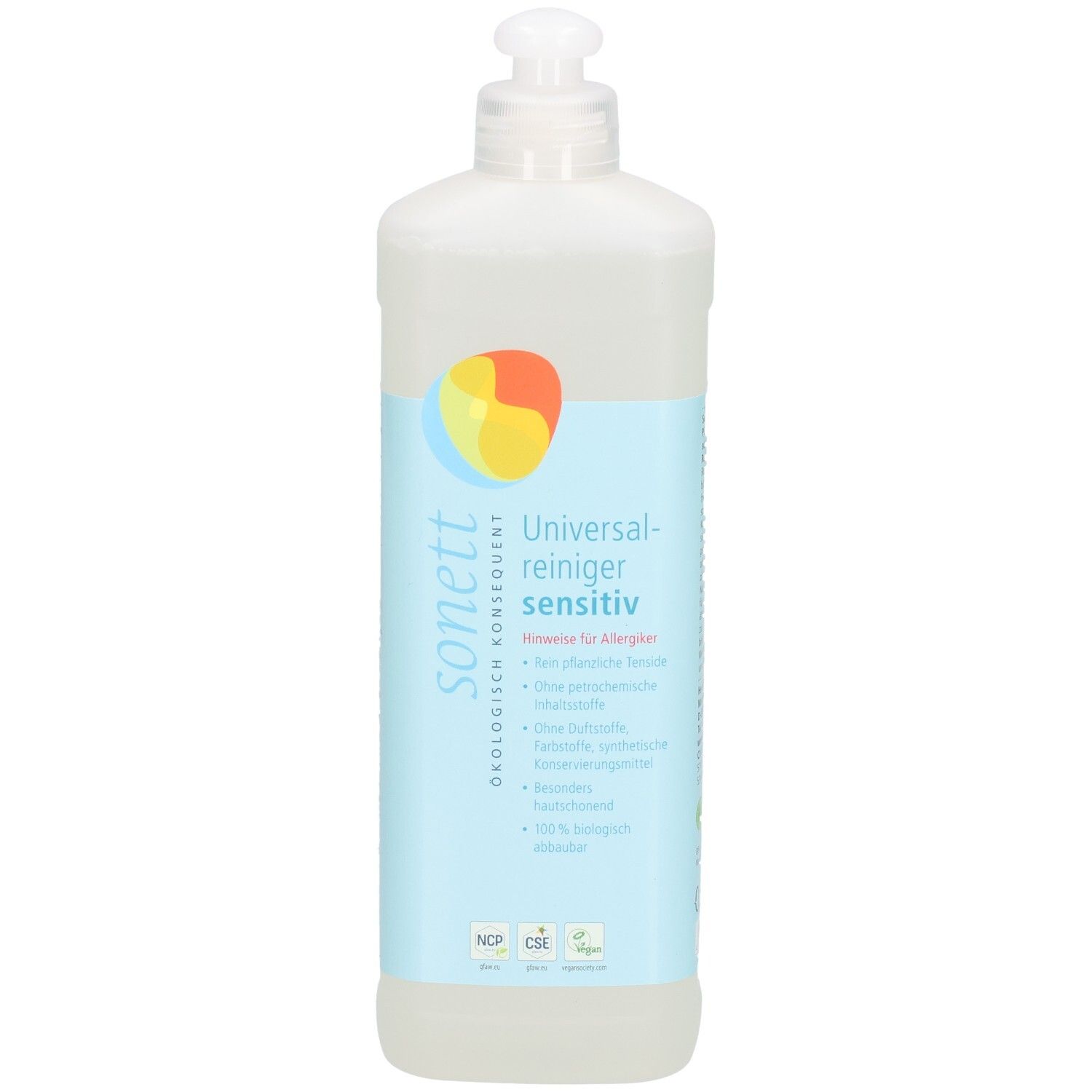 Flasche mit Reiniger. Aufschrift: SONETT, Universalreiniger sensitiv. Mit Dosierkopf. 0,5 l.