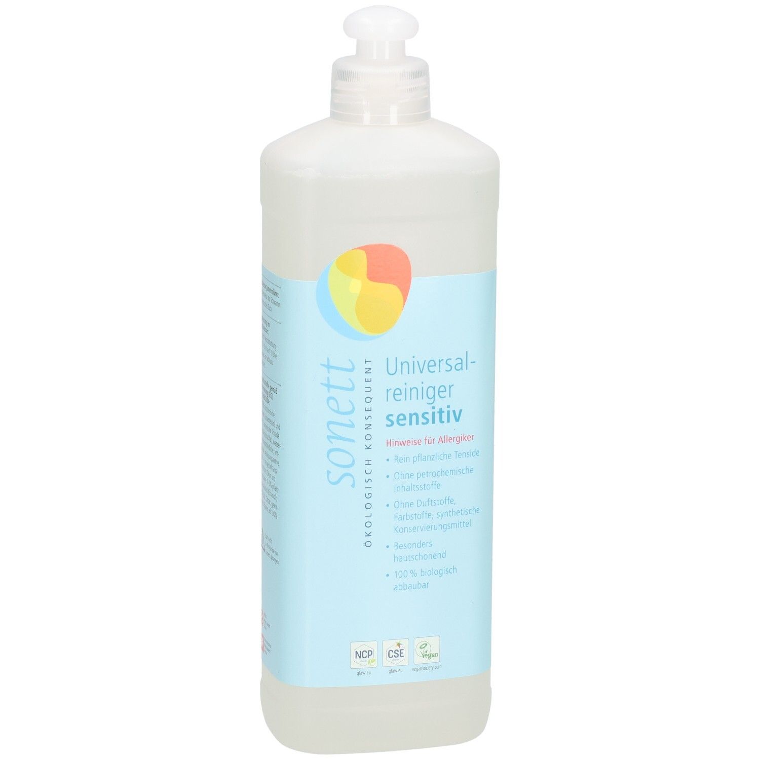 Flasche mit Reiniger. Aufschrift: SONETT, Universalreiniger sensitiv. Mit Dosierkopf. 0,5 l.