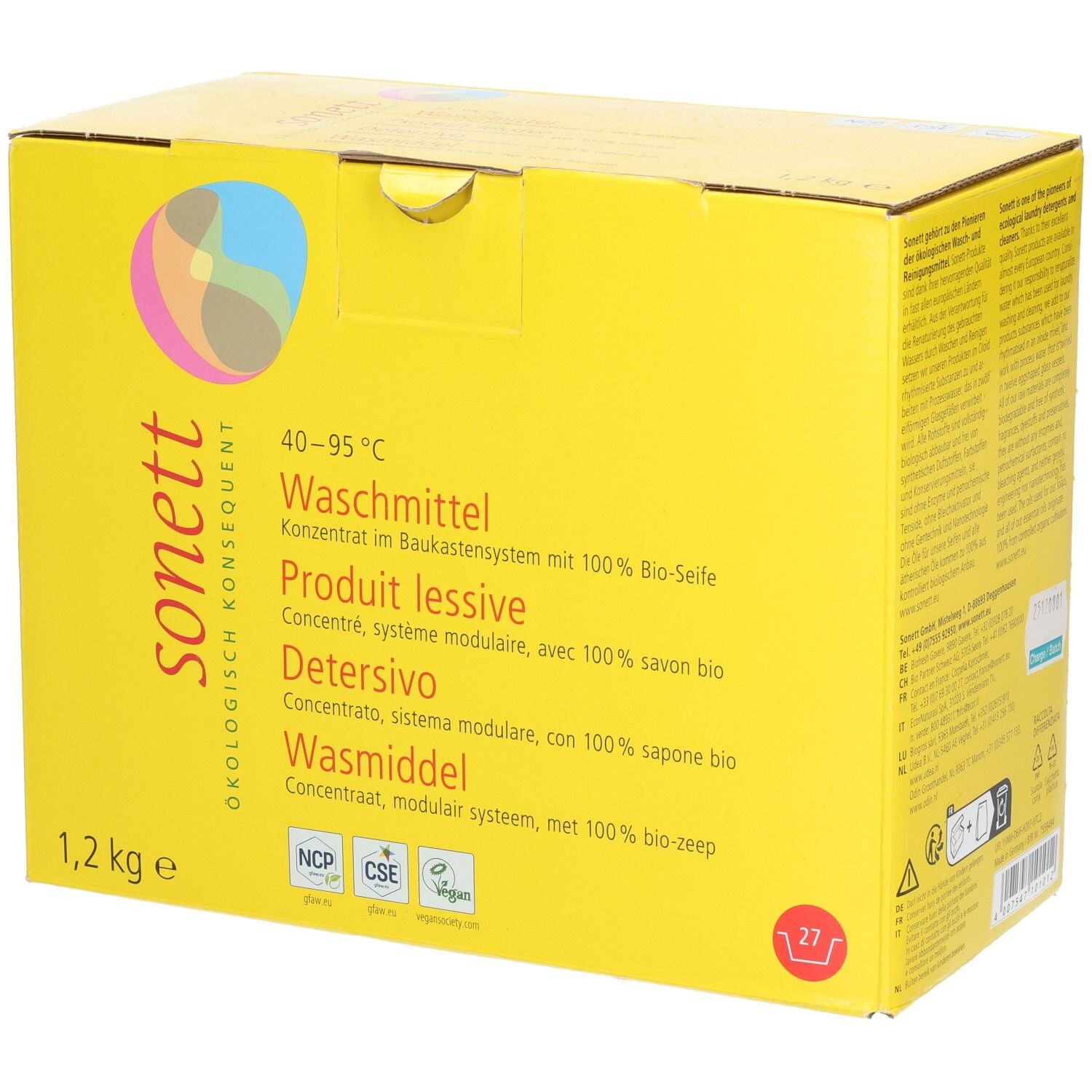Emballage en carton jaune. Inscription : sonett, lessive, 1,2 kg. Logo avec cercles colorés. Texte en allemand, français, italien et néerlandais.