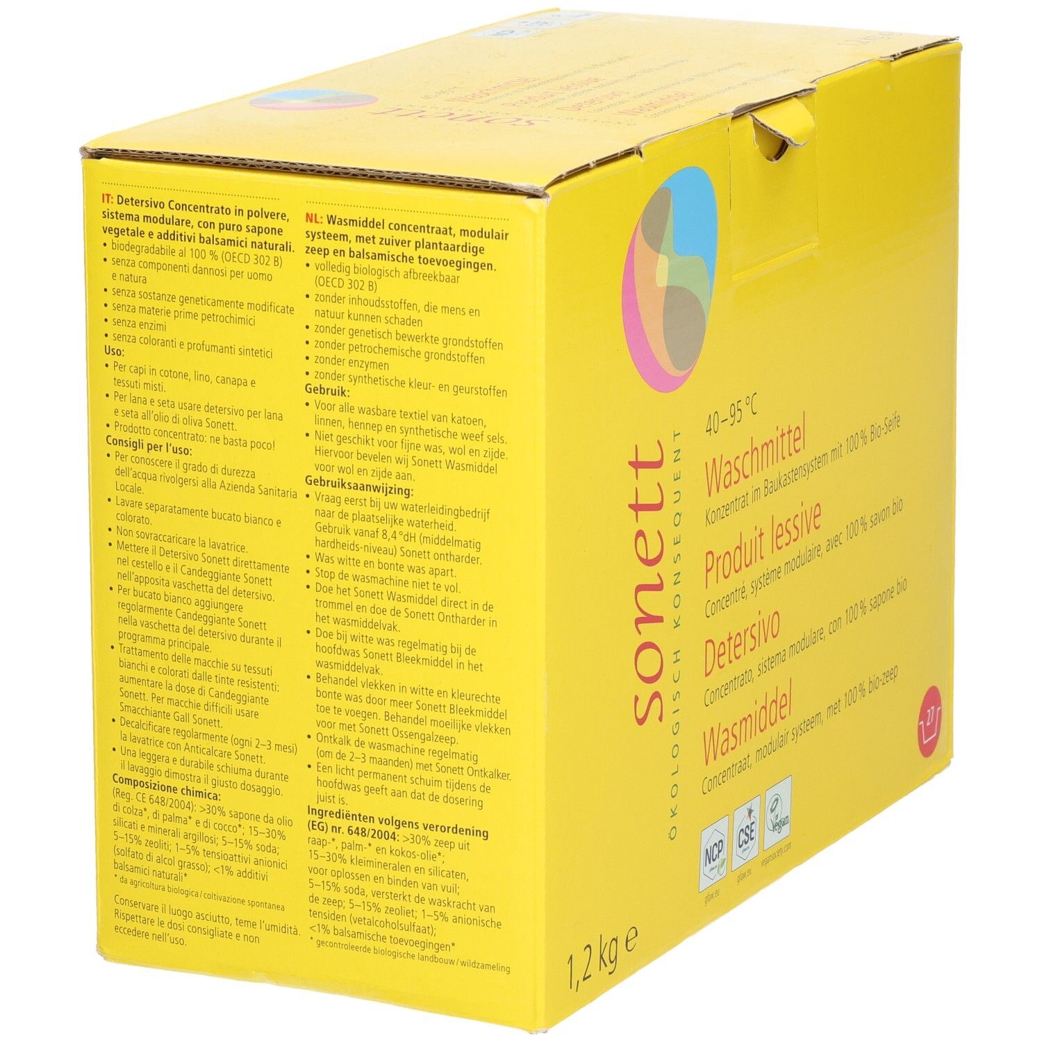 Emballage en carton jaune. Texte en allemand, français, italien et néerlandais. Inscription : ingrédients, instructions d'utilisation et autres informations.