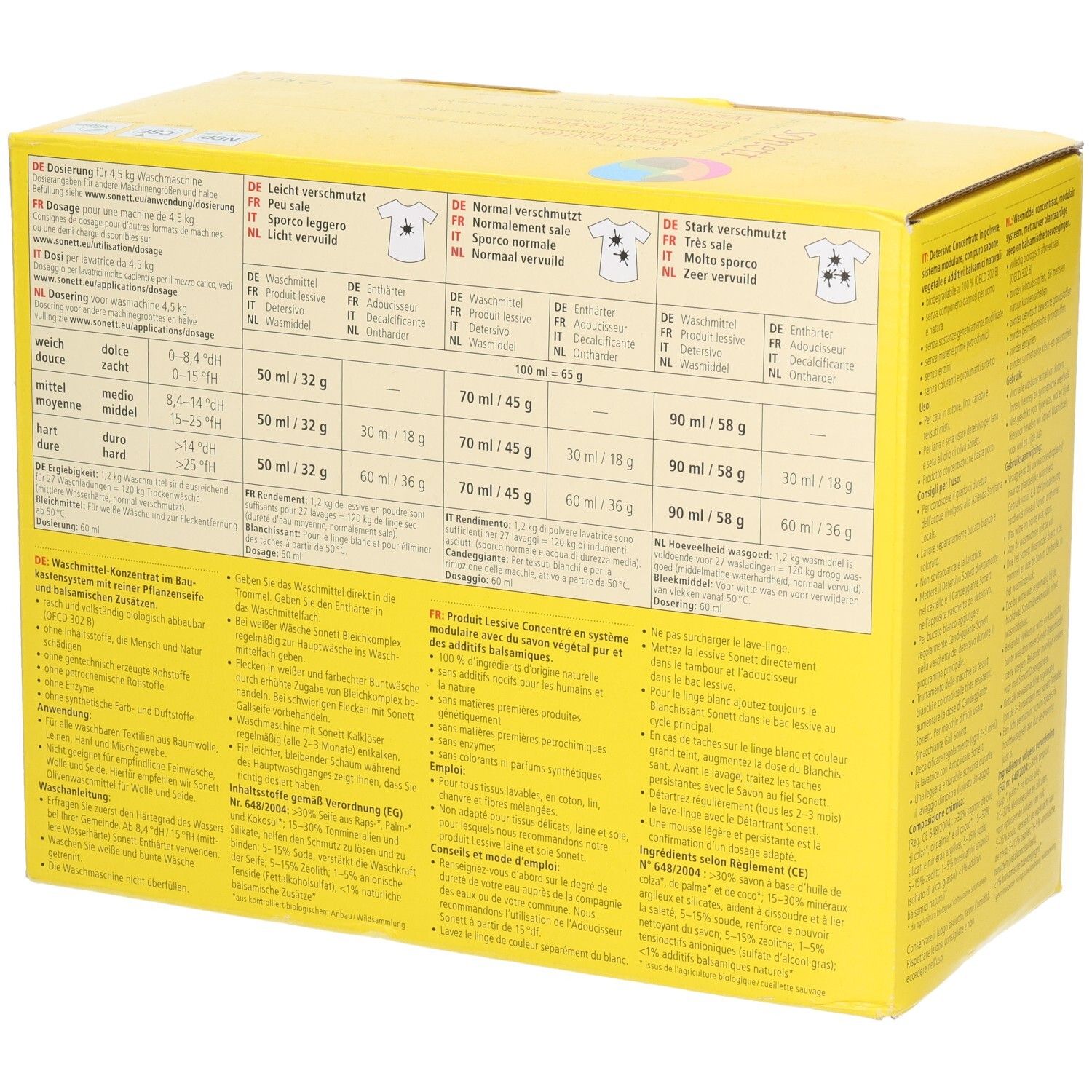 Emballage en carton jaune. Tableaux avec recommandations de dosage pour différents degrés de saleté et dureté de l'eau. Texte en plusieurs langues.