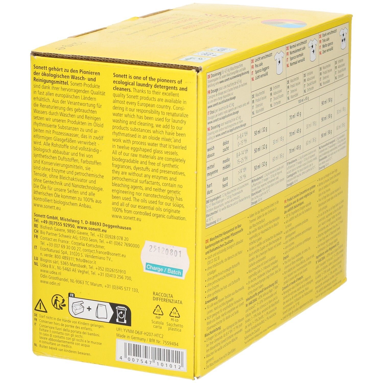 Emballage en carton jaune. Texte en plusieurs langues. Informations sur les détergents écologiques. Logo et certifications.