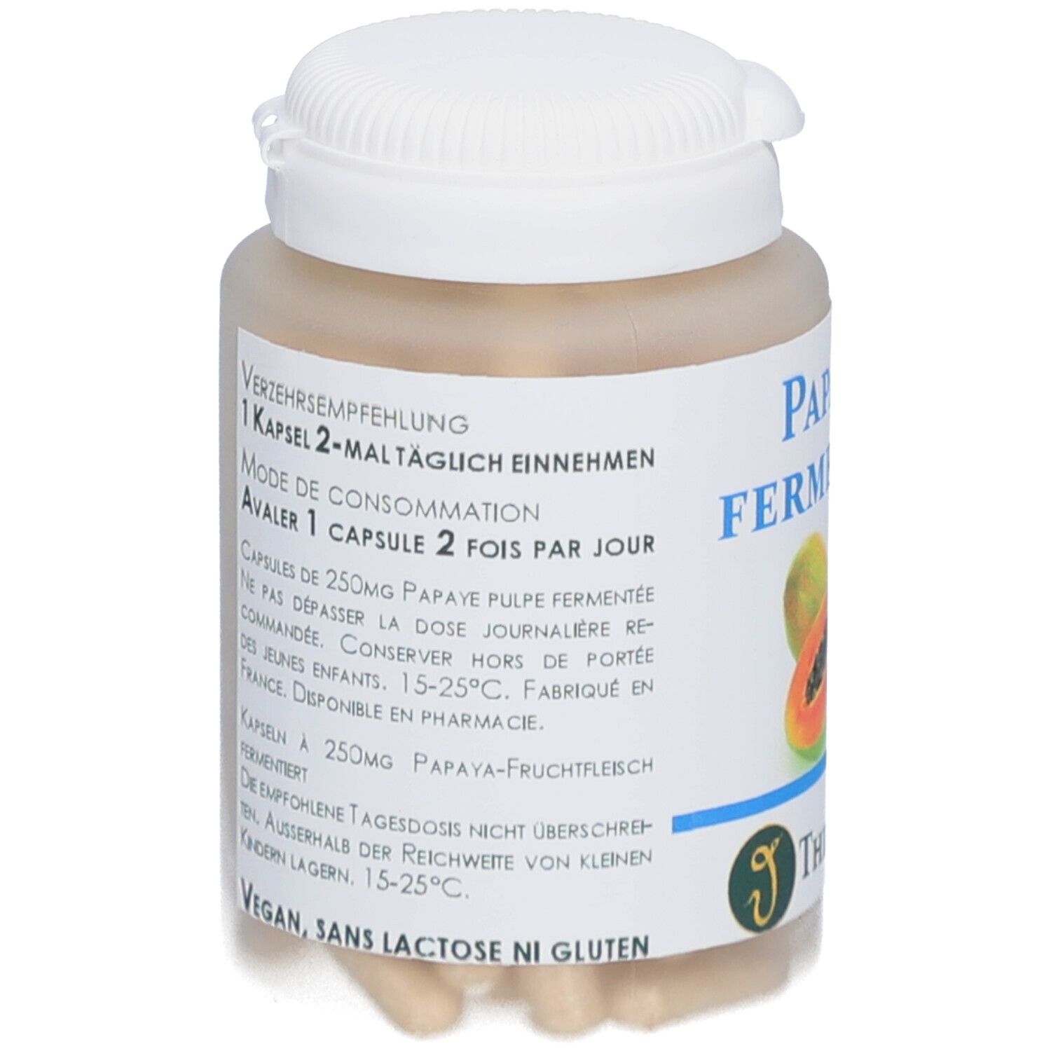 Dose mit weißen Deckel und beige Kapseln. Aufschrift: Papaya Fermentée. Logo: Thiemard. Text über Dosierung und Inhaltsstoffe.