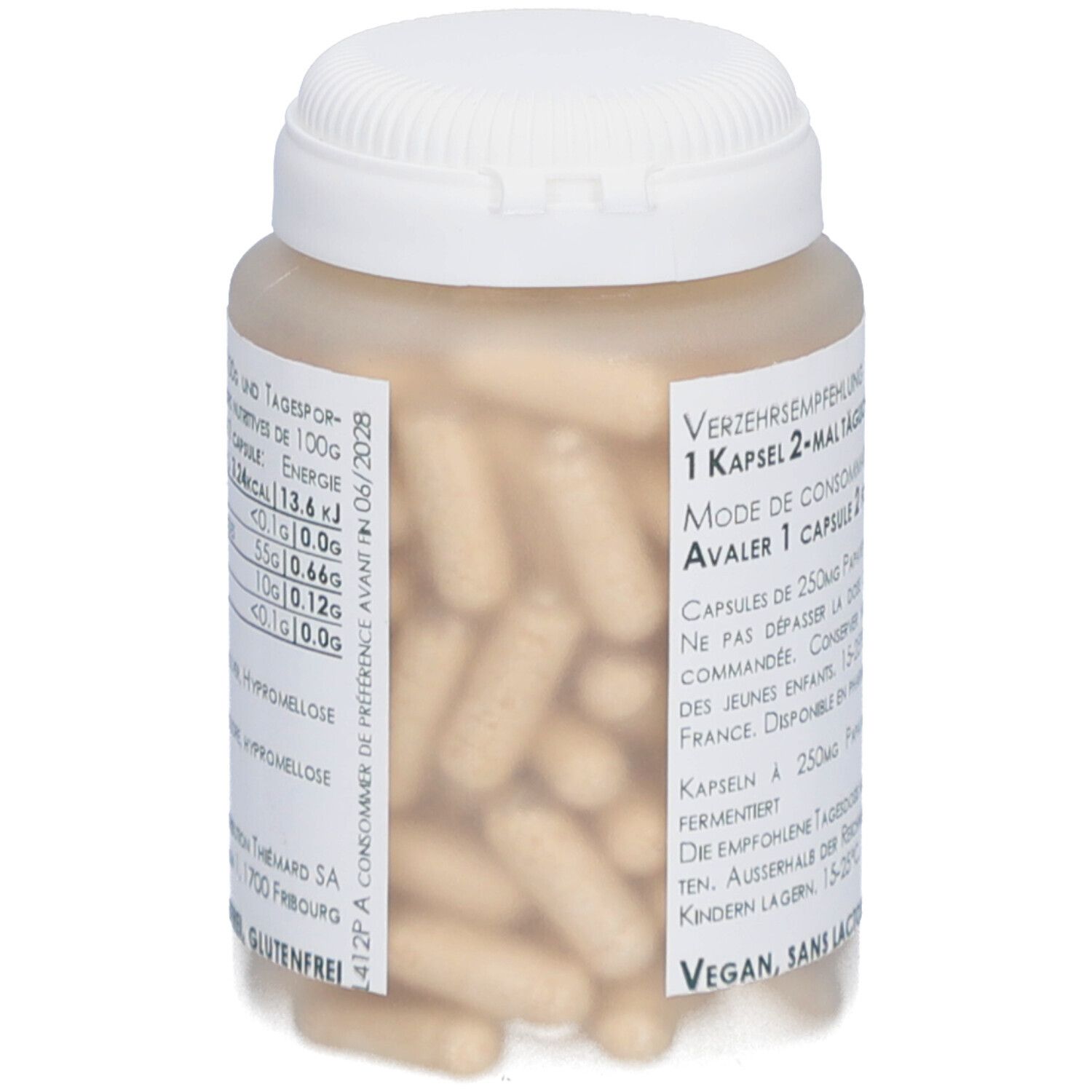 Durchsichtige Dose mit beige Kapseln. Aufschrift: Papaya Fermentée. Logo: Thiemard. Text über Inhaltsstoffe und Nährwerte.