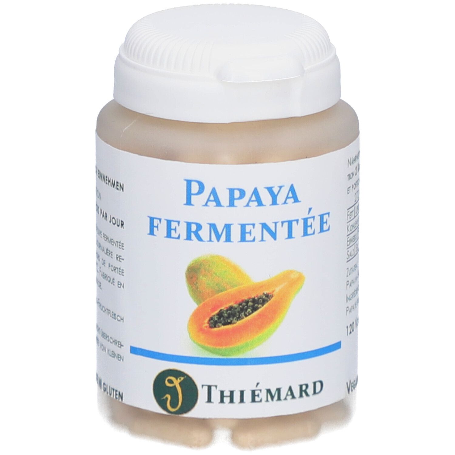 Dose mit weißen Deckel und beige Kapseln. Aufschrift: Papaya Fermentée. Logo: Thiemard. Abbildung einer Papaya. 120 Vcaps.