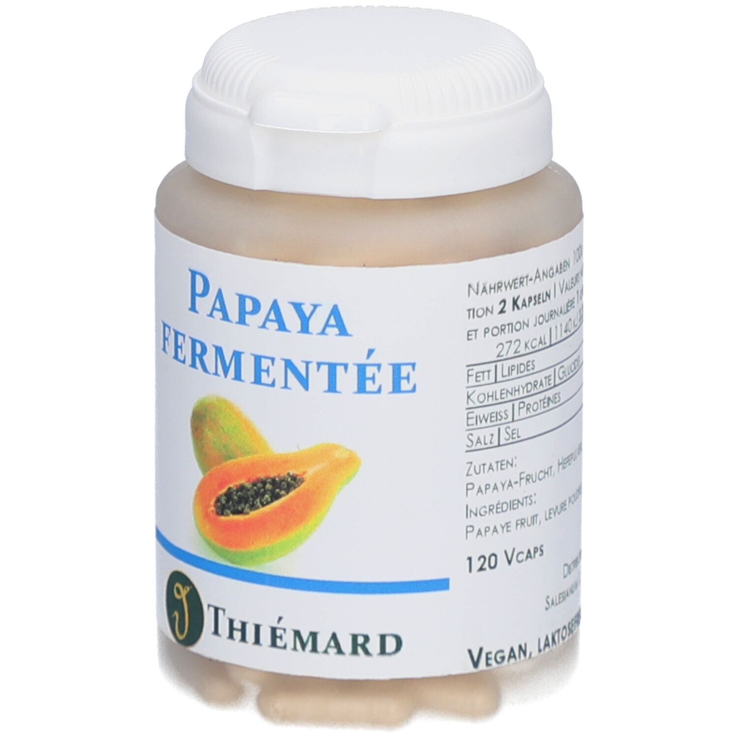 Dose mit weißen Deckel und beige Kapseln. Aufschrift: Papaya Fermentée. Logo: Thiemard. Abbildung einer Papaya. 120 Vcaps.