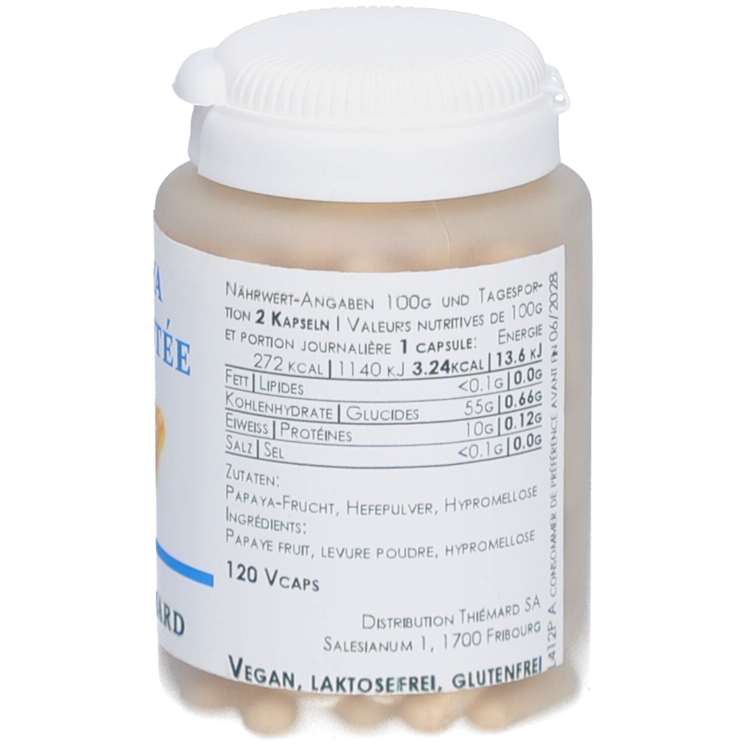 Dose mit weißen Deckel und beige Kapseln. Aufschrift: Papaya Fermentée. Logo: Thiemard. Nährwertangaben. 120 Vcaps.