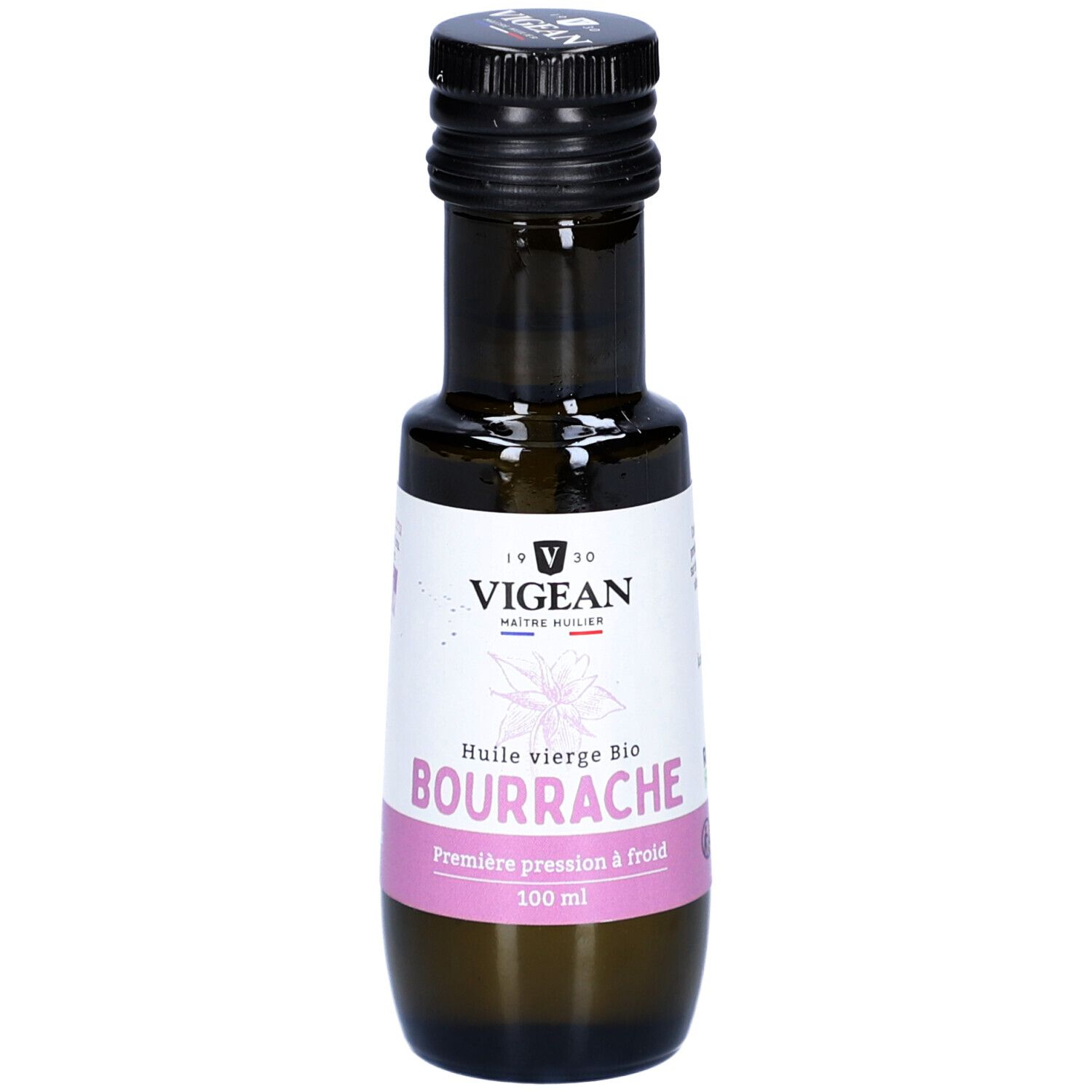 Braune Glasflasche mit schwarzem Deckel. Etikett mit Text: VIGEAN, Bourrache, Première pression à froid.