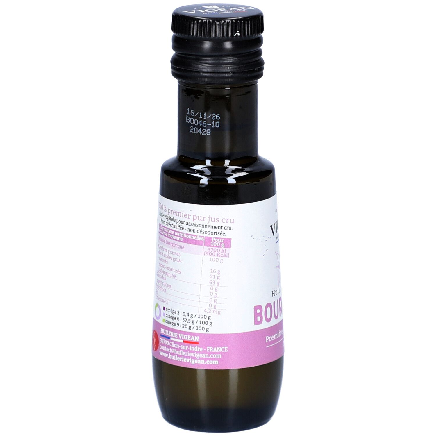 Rückseite der braunen Glasflasche. Etikett mit Nährwertangaben und Text. Schwarzer Deckel.