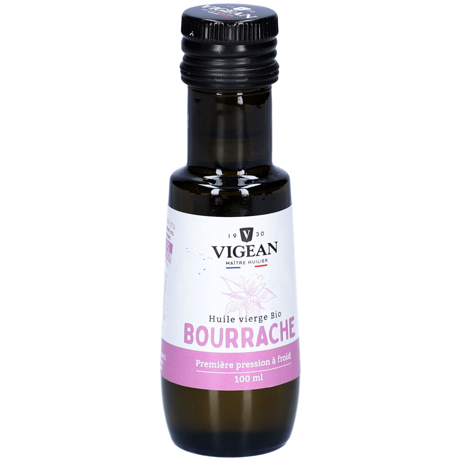 Braune Glasflasche mit schwarzem Deckel. Etikett mit Text: VIGEAN, Bourrache, Première pression à froid.
