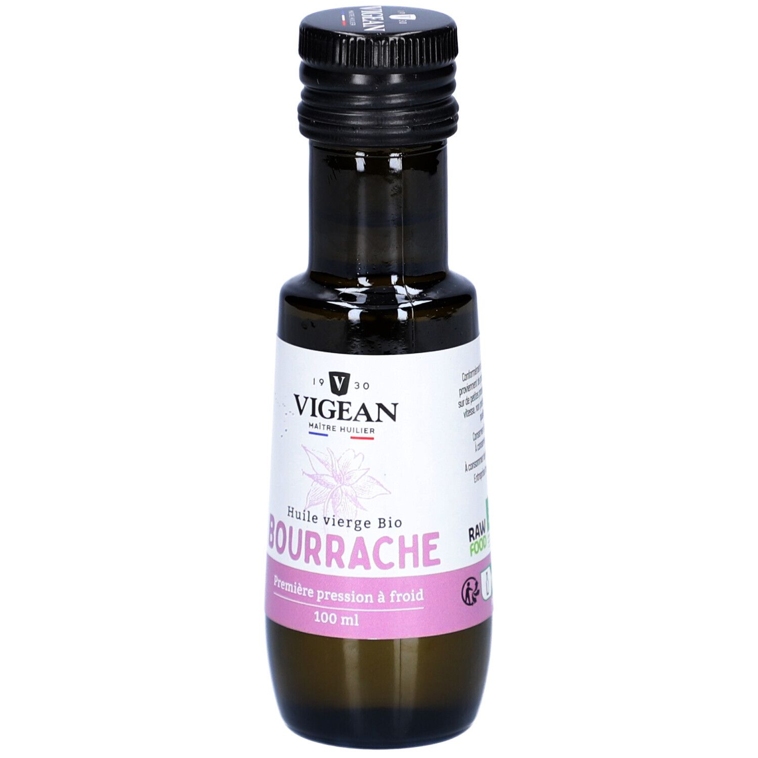 Braune Glasflasche mit schwarzem Deckel. Etikett mit Text: VIGEAN, Bourrache, Première pression à froid.