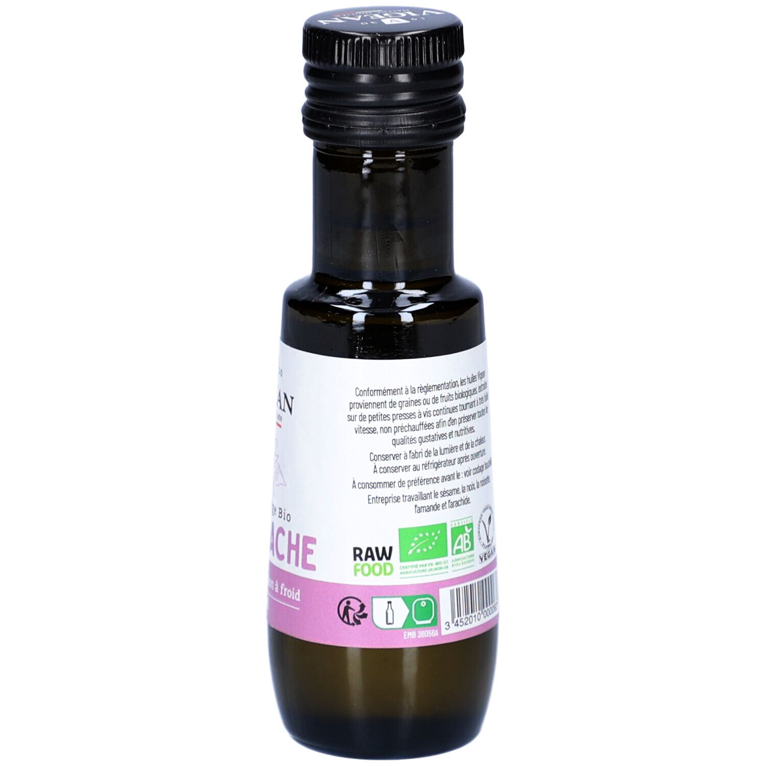 Rückseite der braunen Glasflasche. Etikett mit Text und Logos. Schwarzer Deckel.