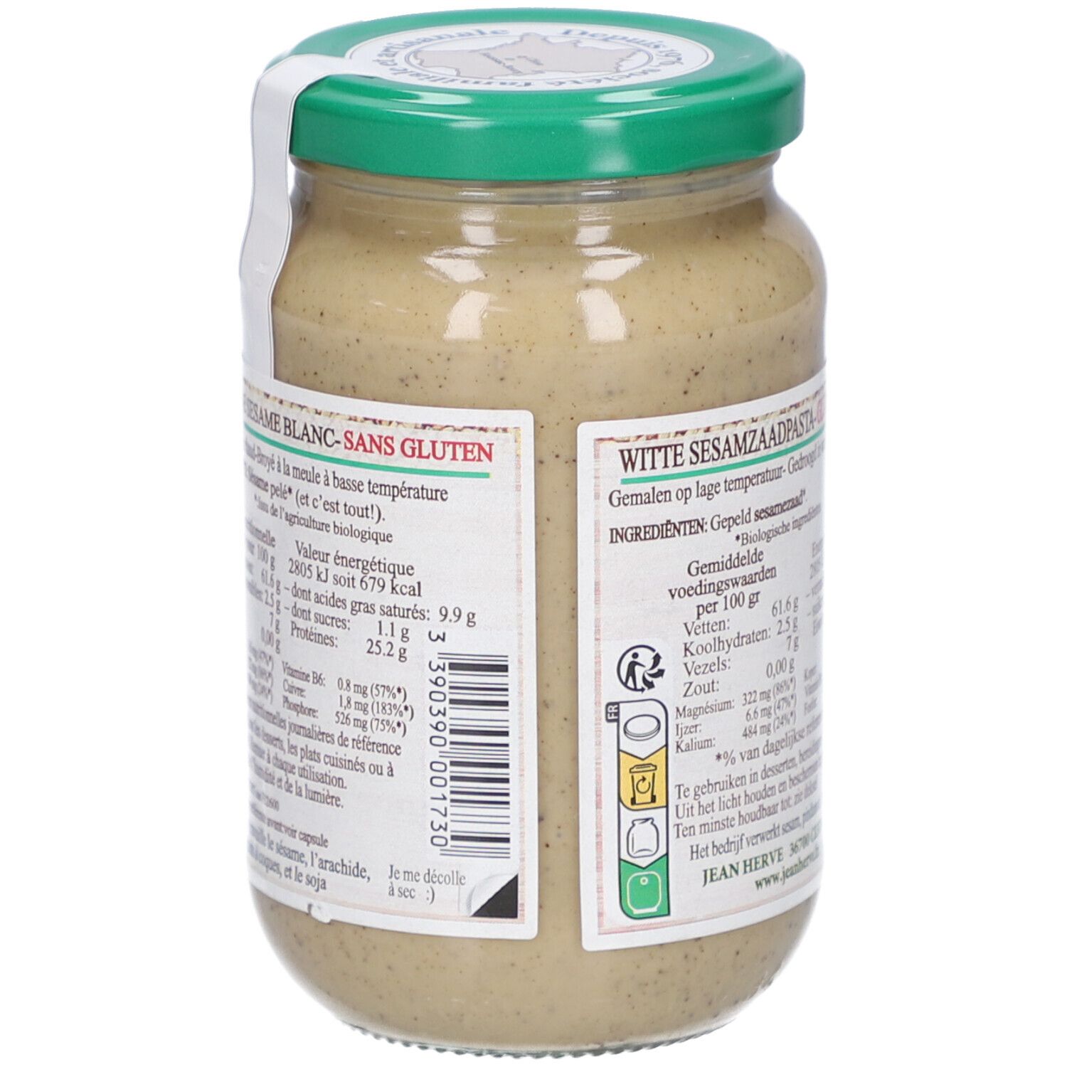 Dos du pot de purée de sésame. Liste des ingrédients et informations nutritionnelles. Logo bio et sans gluten. Marque Jean Hervé.
