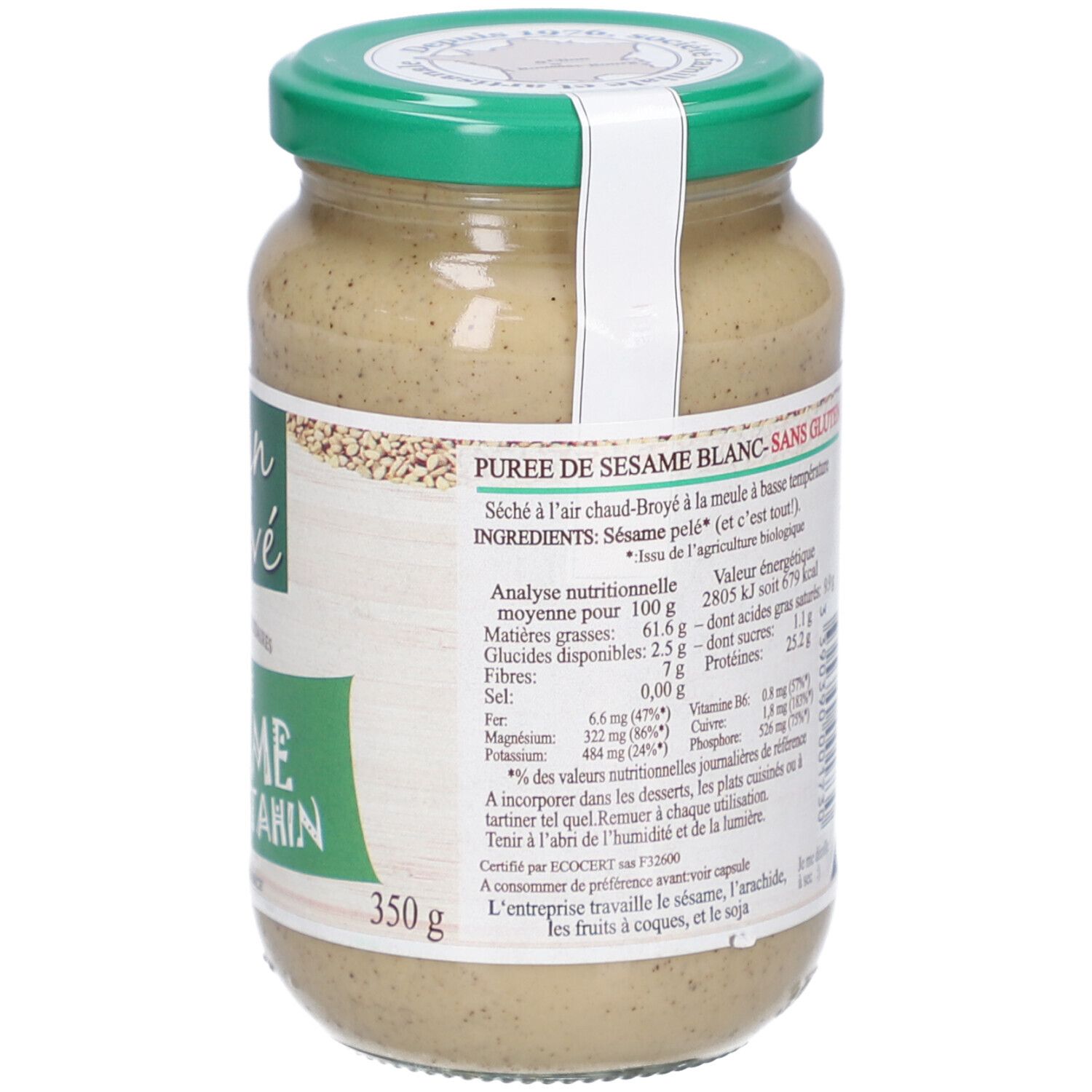 Dos du pot de purée de sésame. Liste des ingrédients et informations nutritionnelles. Logo bio et sans gluten. Marque Jean Hervé.