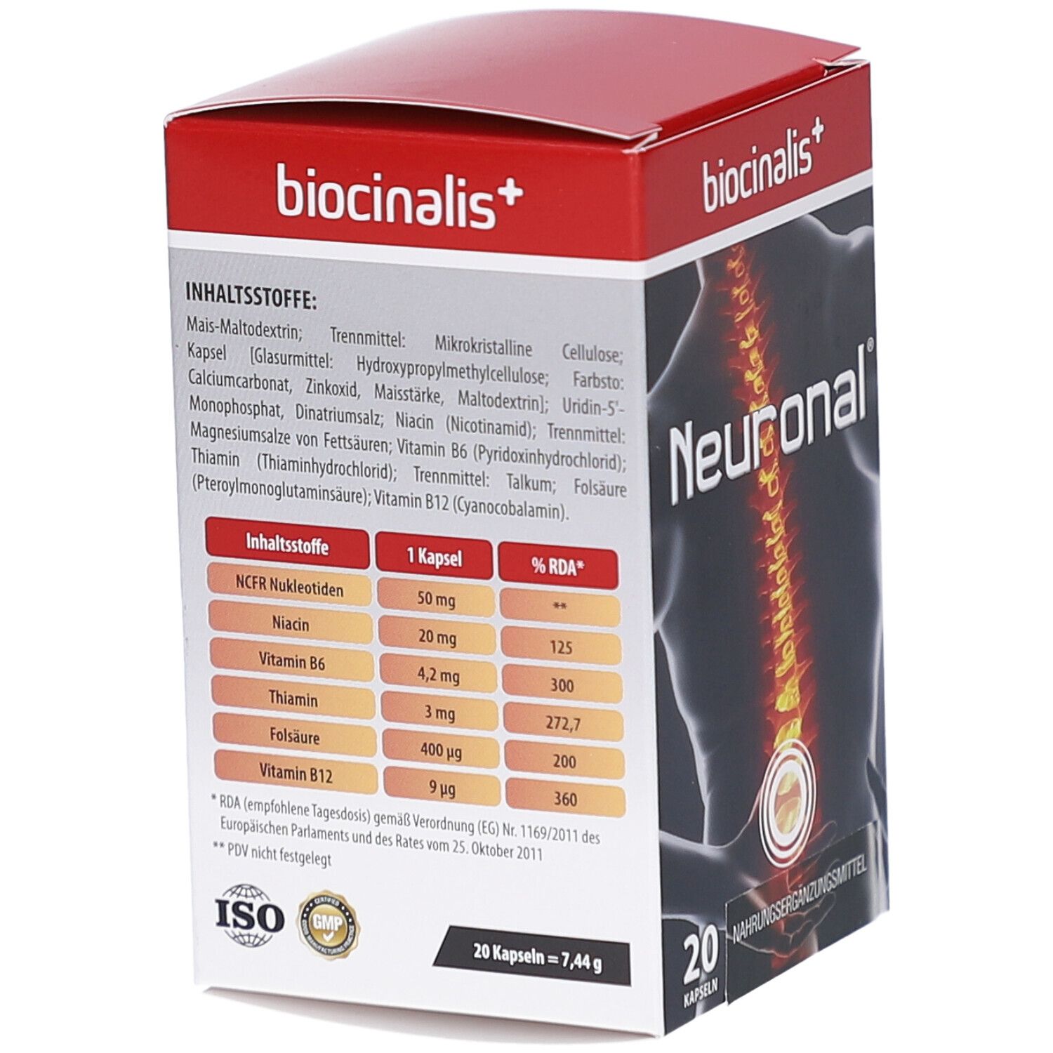 Karton mit "biocinalis+". Rückseite mit Inhaltsstoffen und Nährwerttabelle. 20 Kapseln.