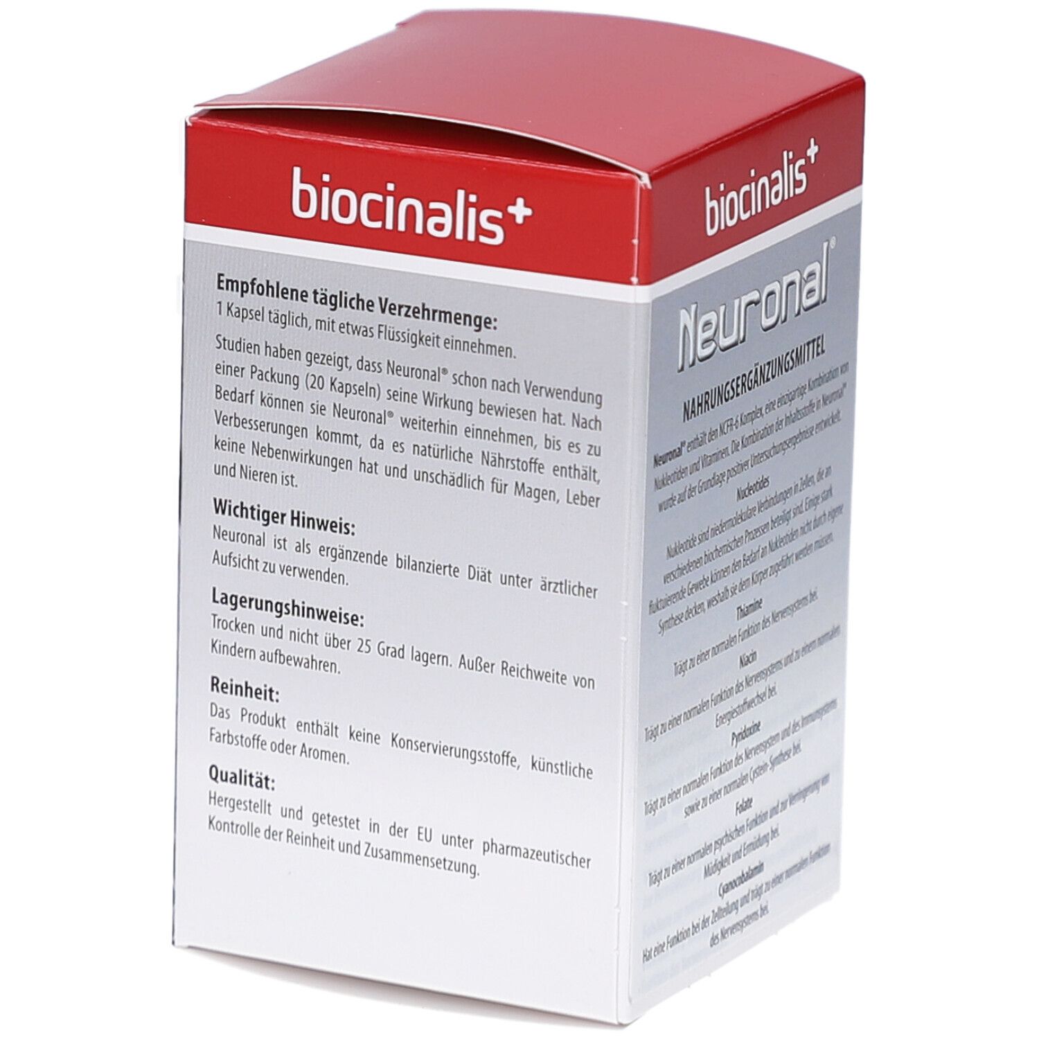 Karton mit "biocinalis+" und "Neuronal". Rückseite mit Text. 20 Kapseln.