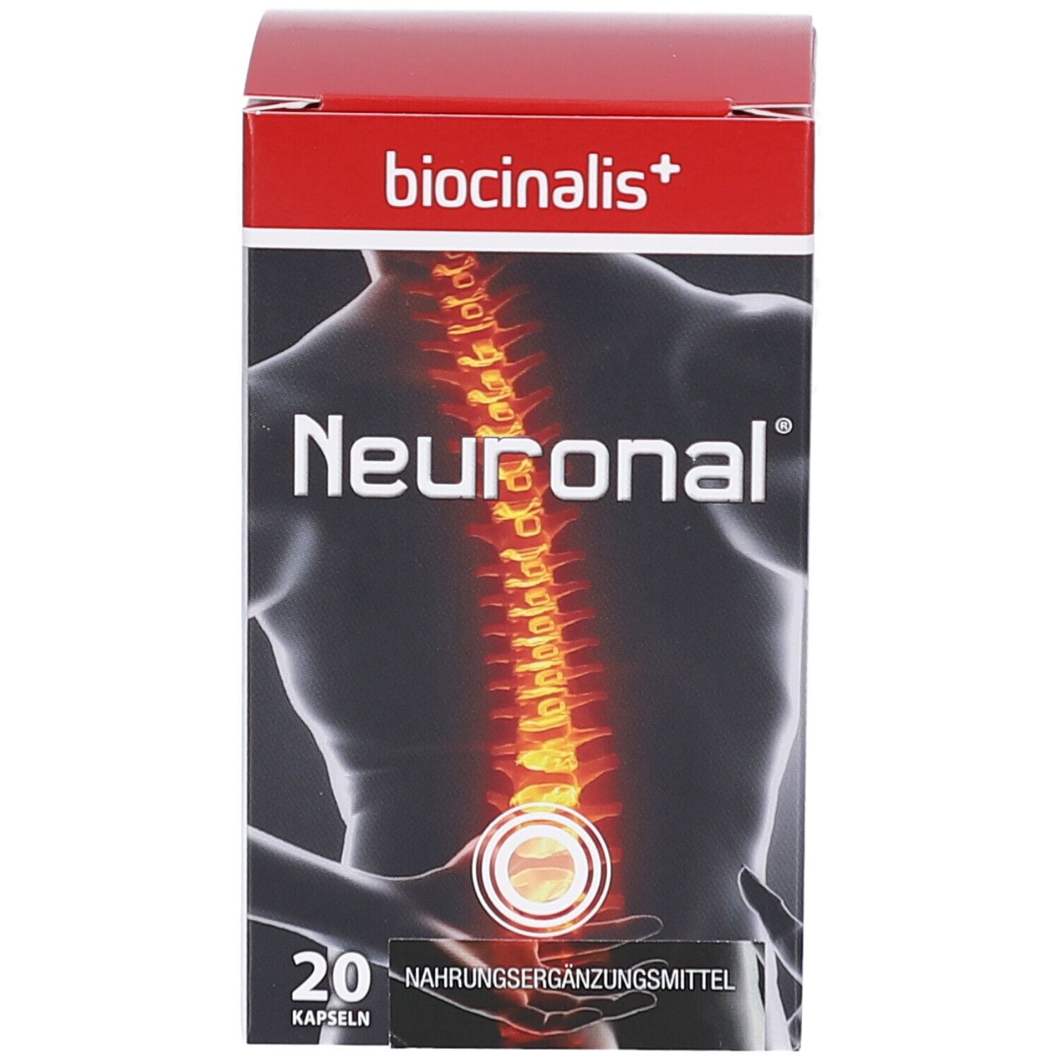 Karton mit "biocinalis+" und "Neuronal". 20 Kapseln. Abbildung eines Rückens mit Wirbelsäule.