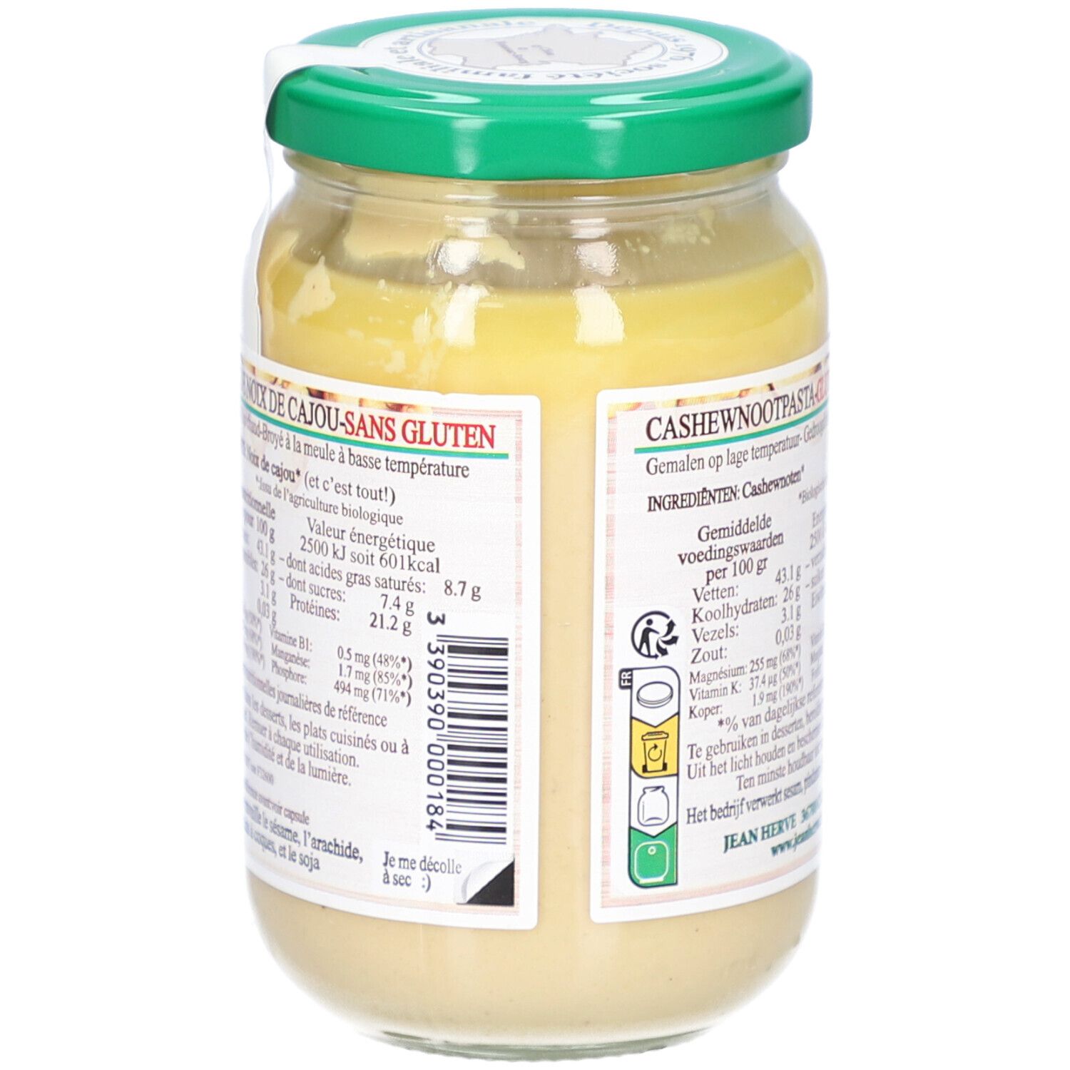 Rückseite des Glases mit Nährwertangaben und Zutaten. Text in mehreren Sprachen.