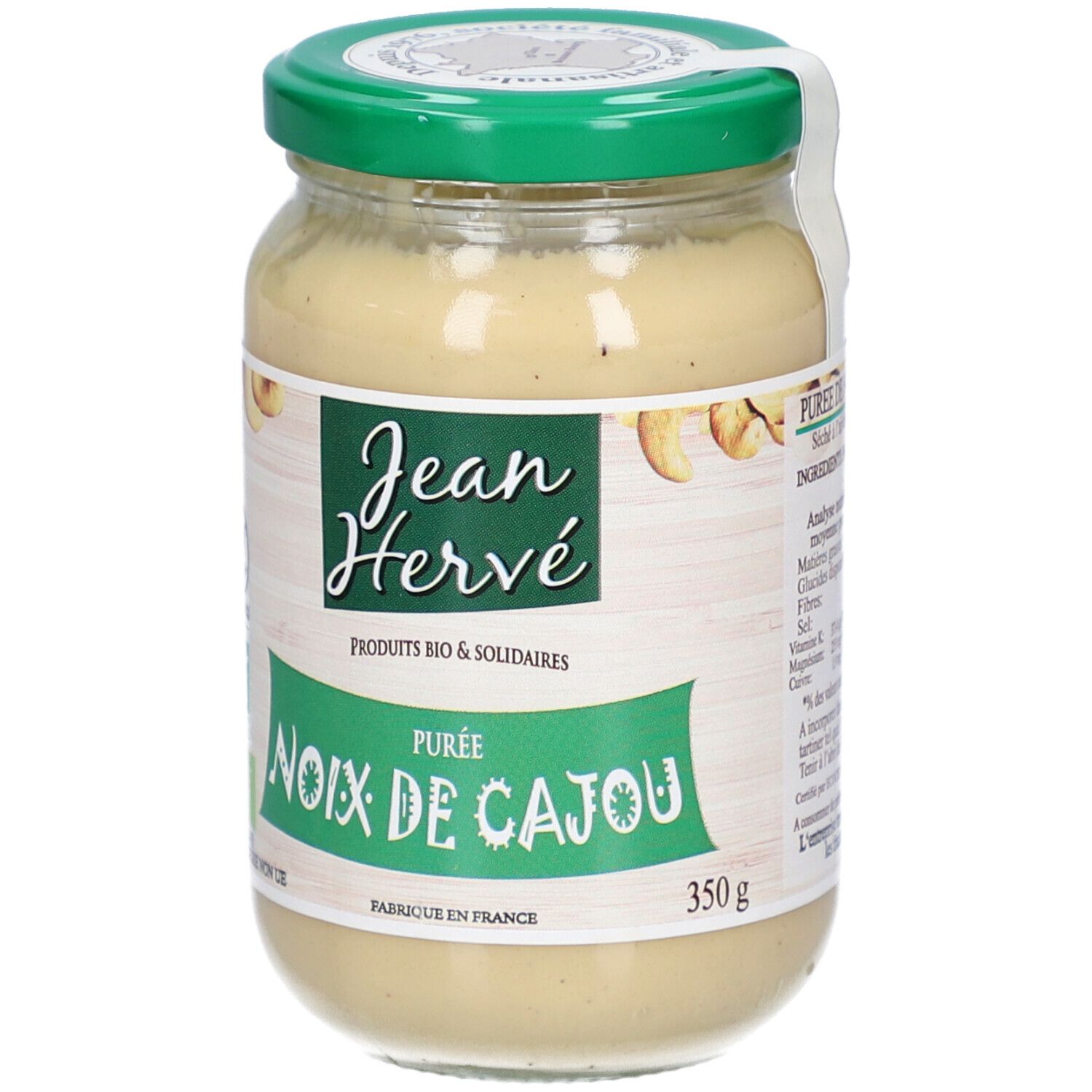 Glas mit Cashewnussmus. Grüner Deckel, weißes Etikett mit Logo und Text. 350g.