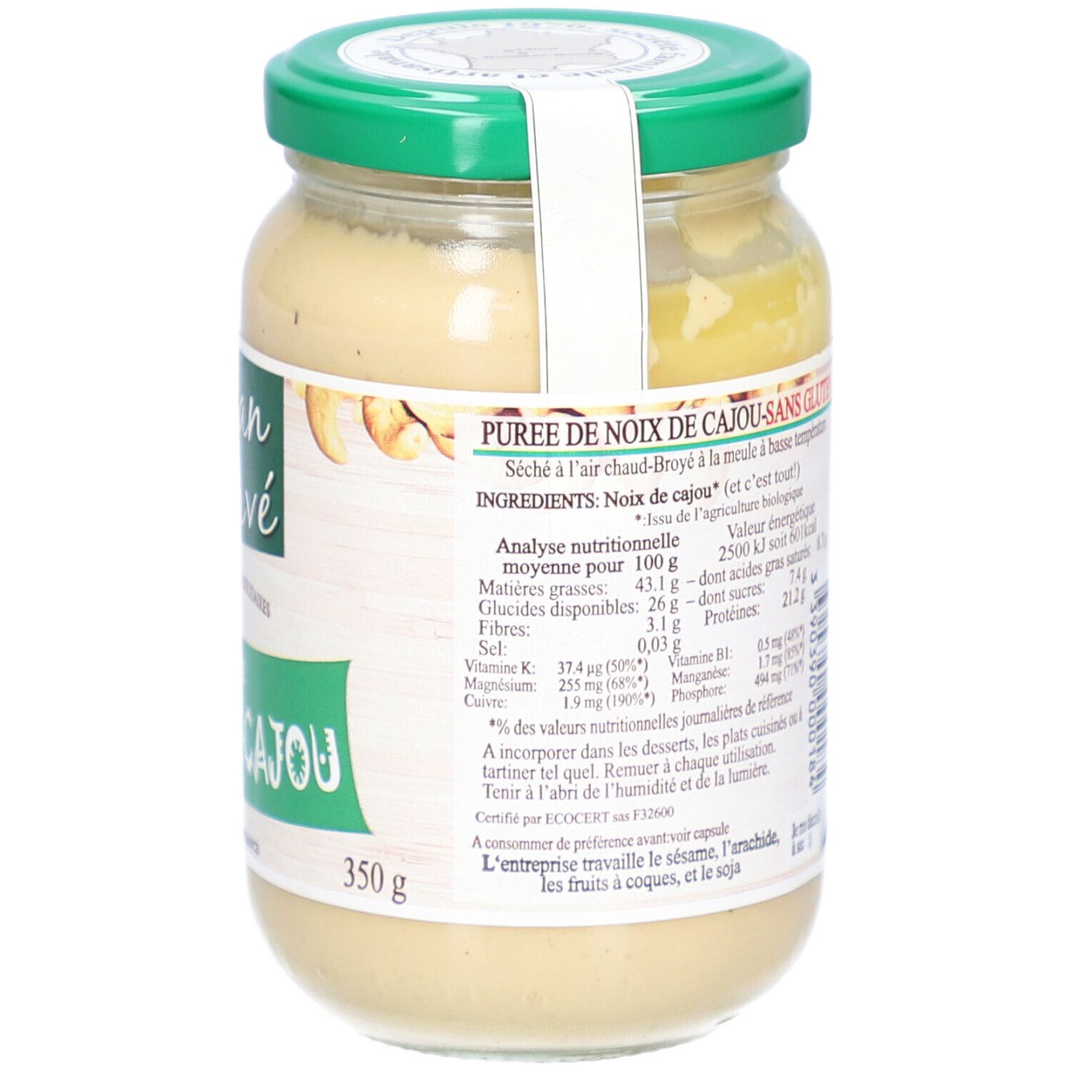 Glas mit Cashewnussmus. Grüner Deckel, weißes Etikett mit Logo und Text. 350g. Nährwertangaben.