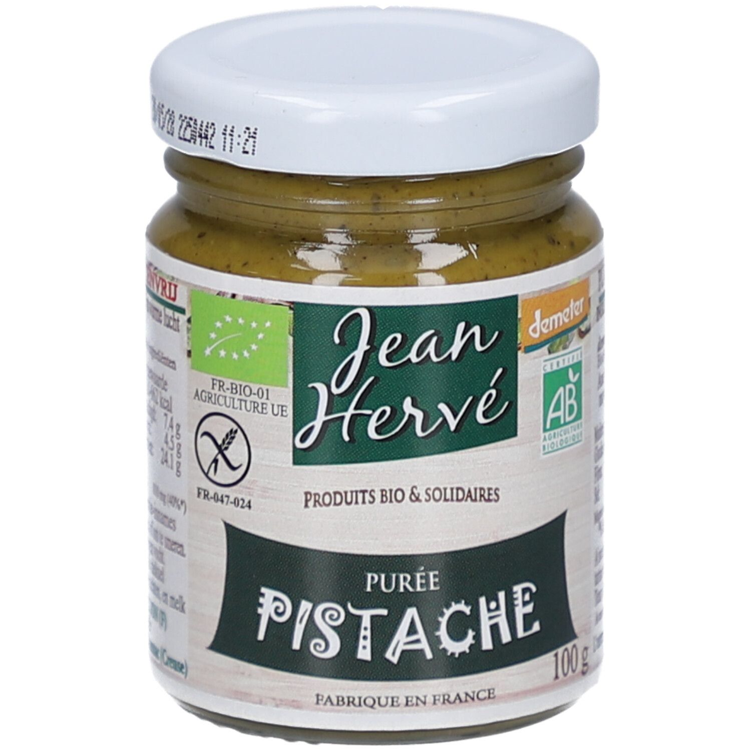Pot de purée de pistaches, couvercle blanc. Étiquette "Jean Hervé", "Purée Pistache", label bio, et 100g.