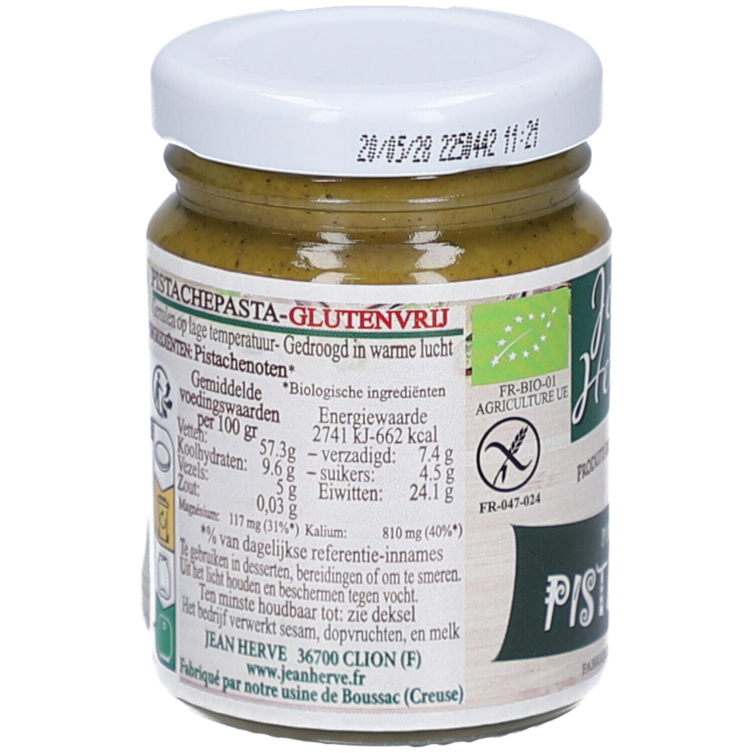 Dos du pot de purée de pistaches. Texte: "Pistachepasta-Glutenvrij", informations nutritionnelles, label bio, et "Jean Hervé".