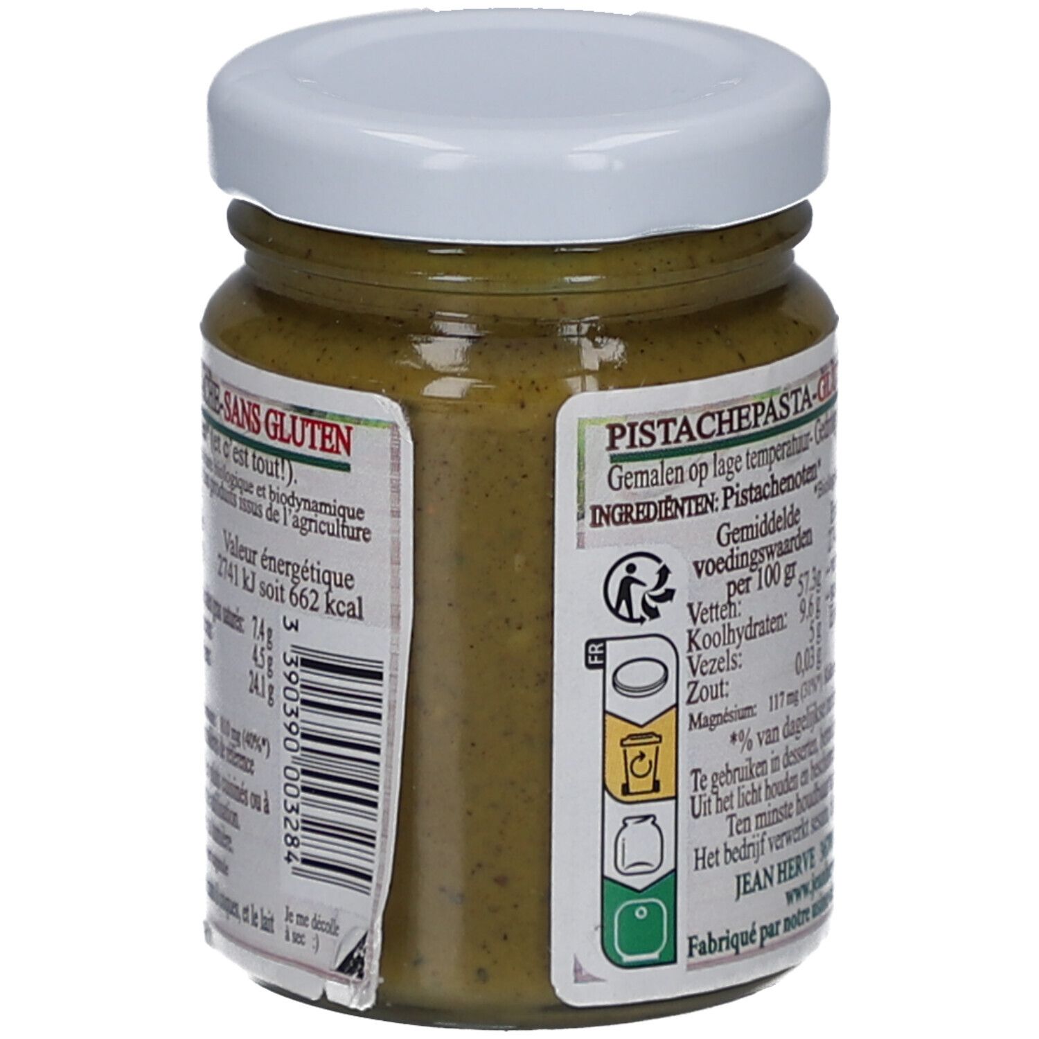 Dos du pot de purée de pistaches. Texte: "Pistachepasta-Glutenvrij", informations nutritionnelles, et "Jean Hervé".