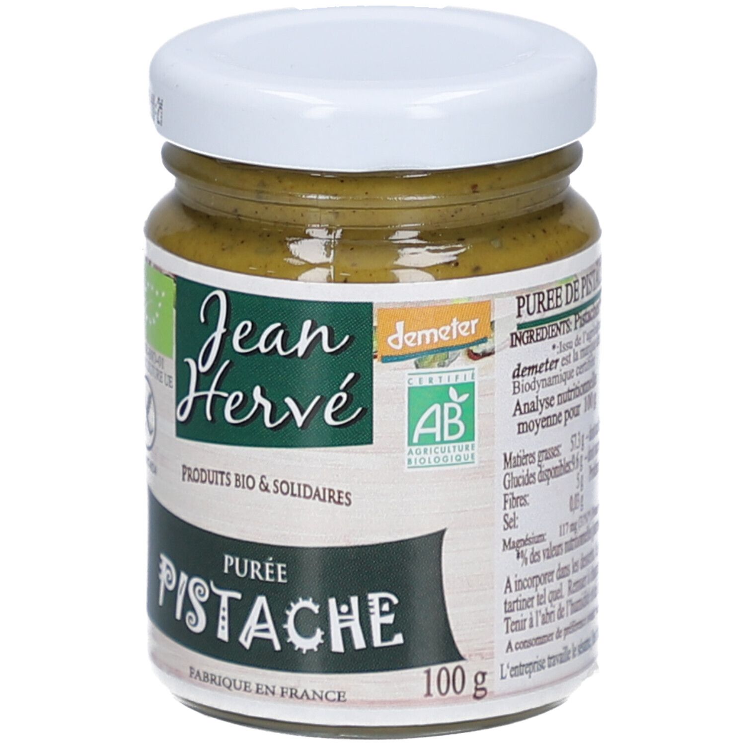Pot de purée de pistaches, couvercle blanc. Étiquette "Jean Hervé", "Purée Pistache", label bio, et 100g.