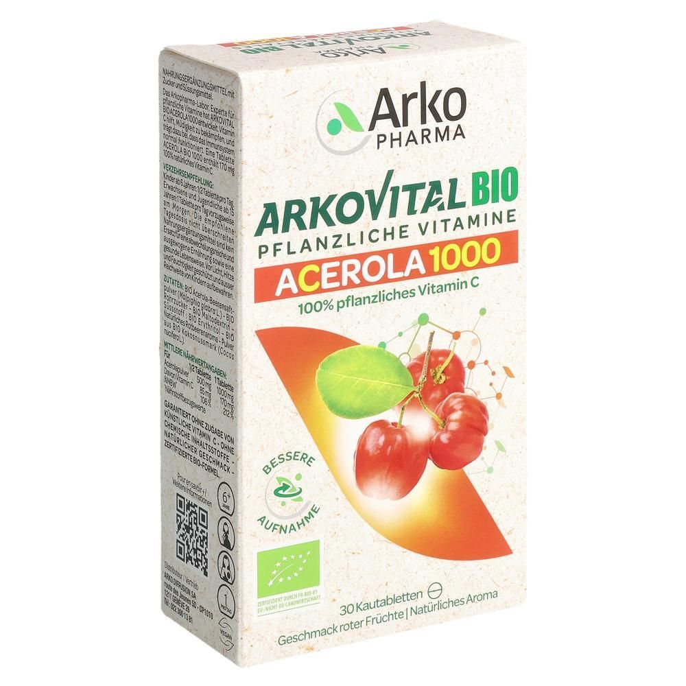 Arkovital Bio Acerola 1000: Packung mit 30 Kautabletten, 100% pflanzlichem Vitamin C.