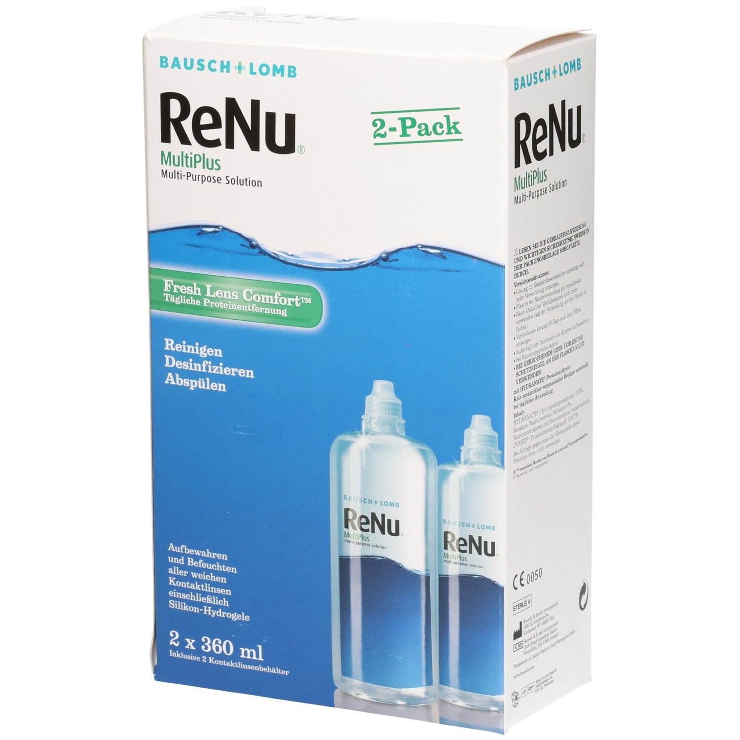 Emballage ReNu MultiPlus. Contient deux flacons de 360 ml chacun. Inscription : Nettoyer, désinfecter, rincer. Marque : Bausch + Lomb.