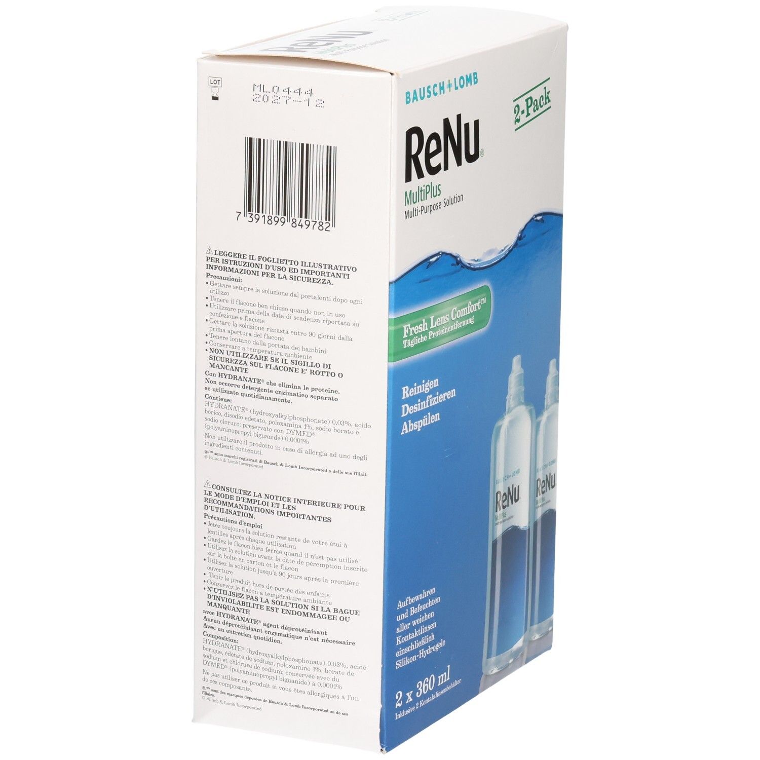Vue latérale de l'emballage ReNu MultiPlus. Contient deux flacons. Avec code-barres et texte. Marque : Bausch + Lomb. 2-Pack.